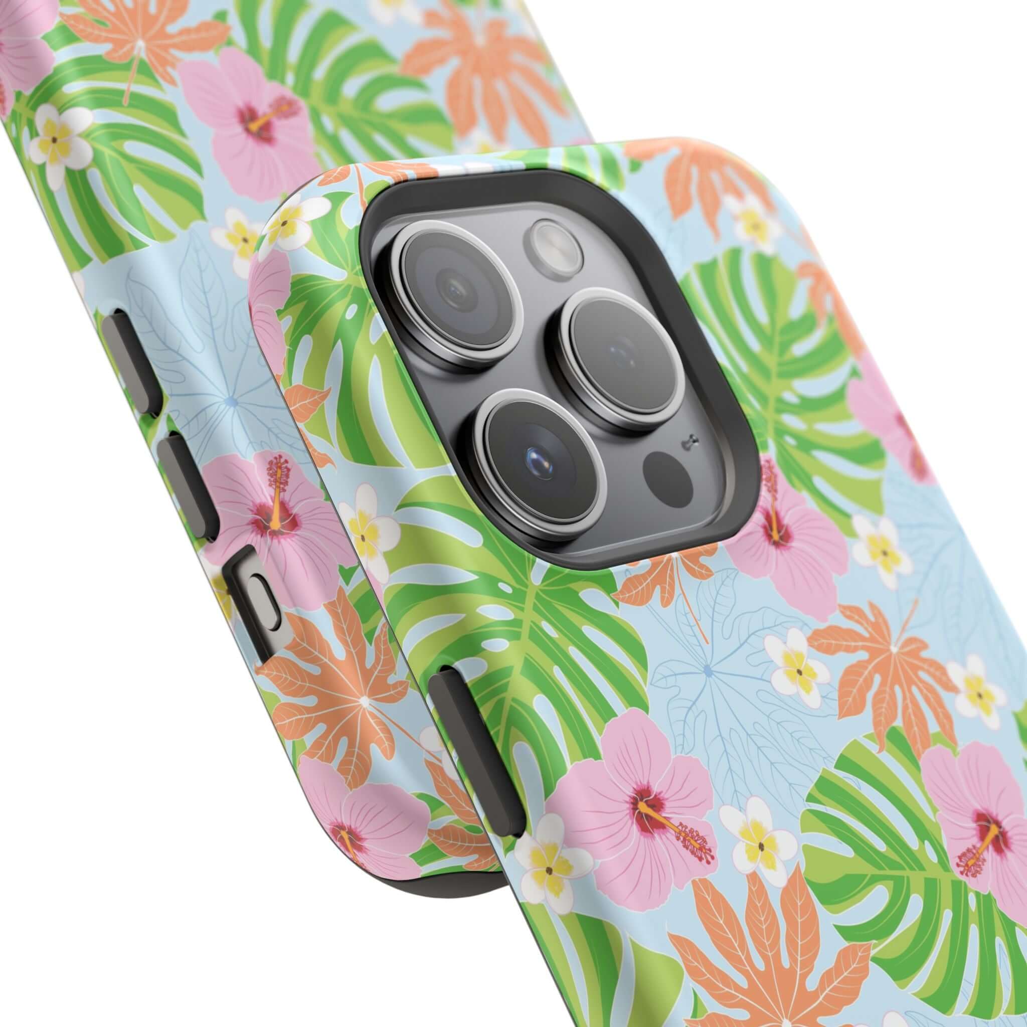 Island Hibiscus MagSafe iPhone 14 Pro case with cute tropical floral design on blue background.