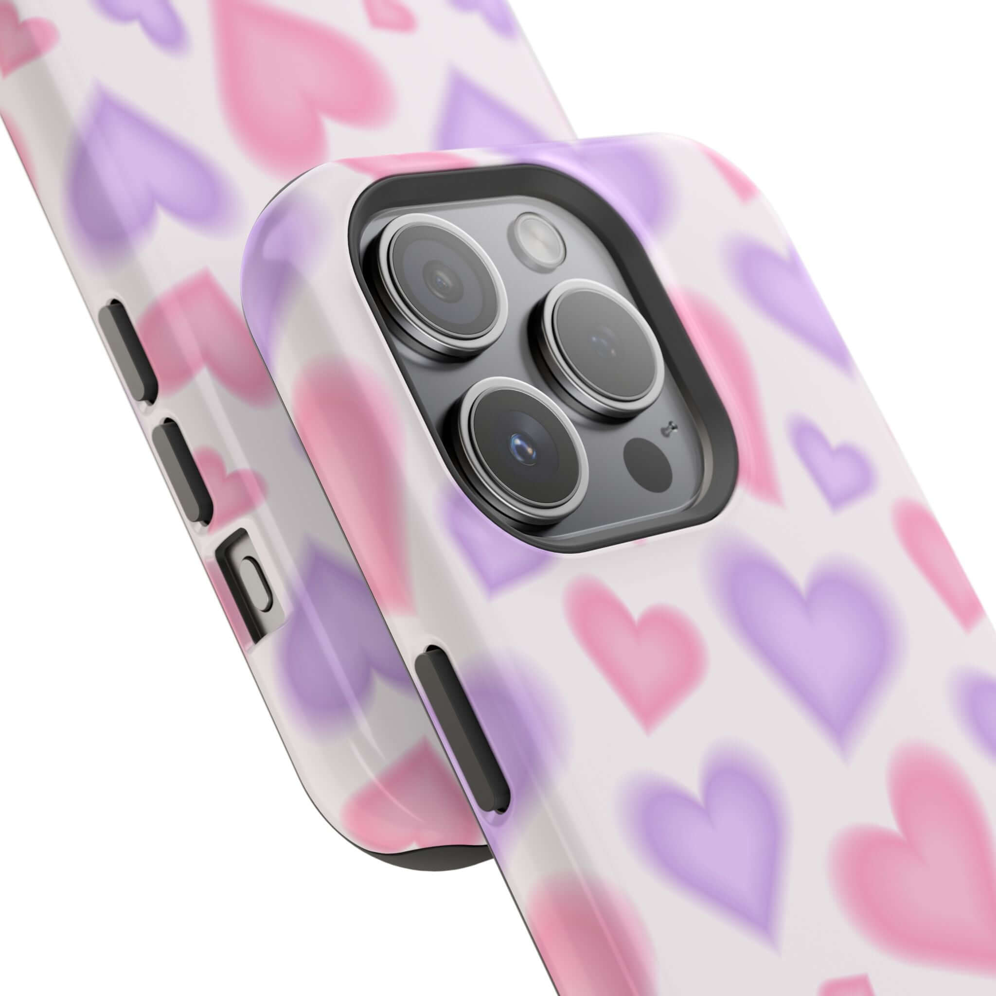 Cute phone cover featuring pink and purple hearts for Apple iPhone, designed to add love and protect in style.