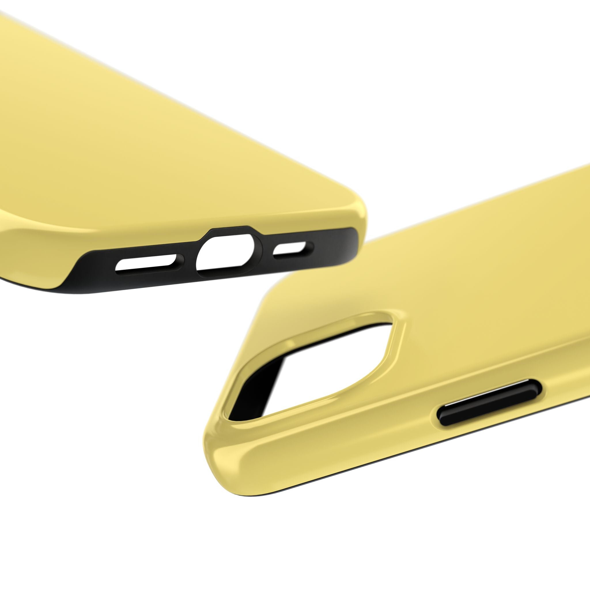 Solid yellow iPhone case, Lemon Drop design, showcasing cutouts and sleek finish. Cute phone case for iPhone.