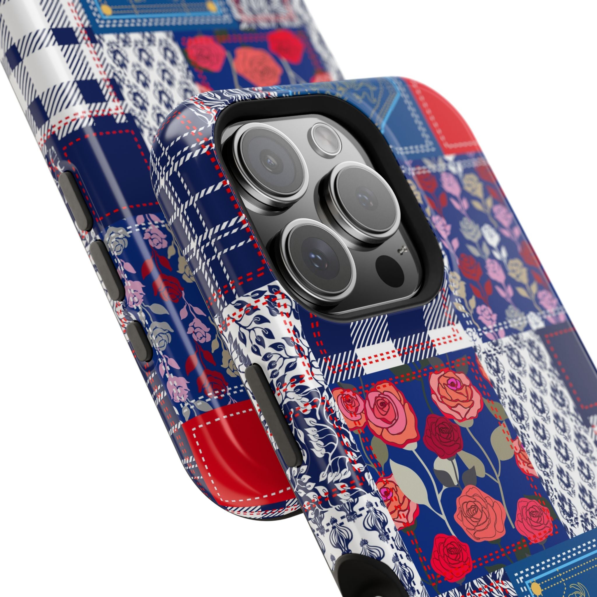 Crimson Bloom | Blue Patchwork Case