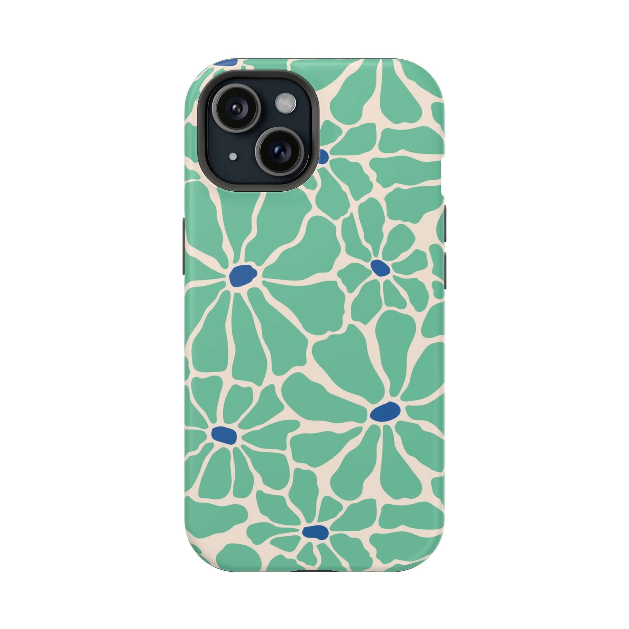 Retro floral iPhone case in green and blue, a cute phone cover with tropical vibes and MagSafe technology.