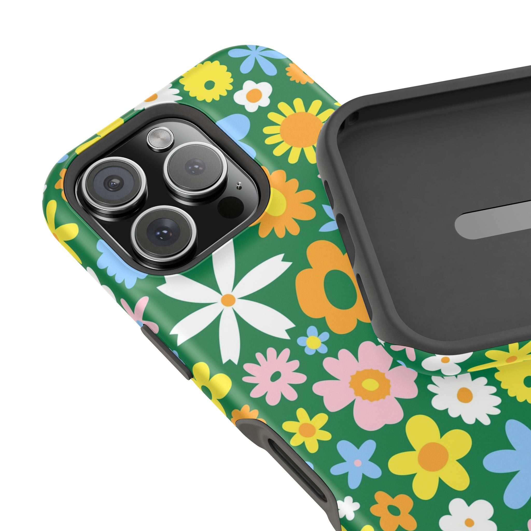 Vibrant hippie floral MagSafe iPhone case with colorful flowers on green background, Chasing Blooms style for a cute phone cover.