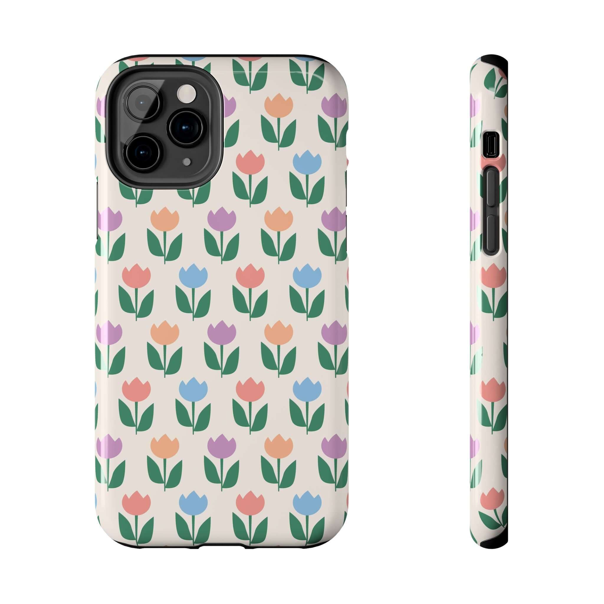 Adorable iPhone 14 Pro Max phone case featuring colorful tulips design in vibrant floral pattern. Fun and quirky accessory for your iPhone.