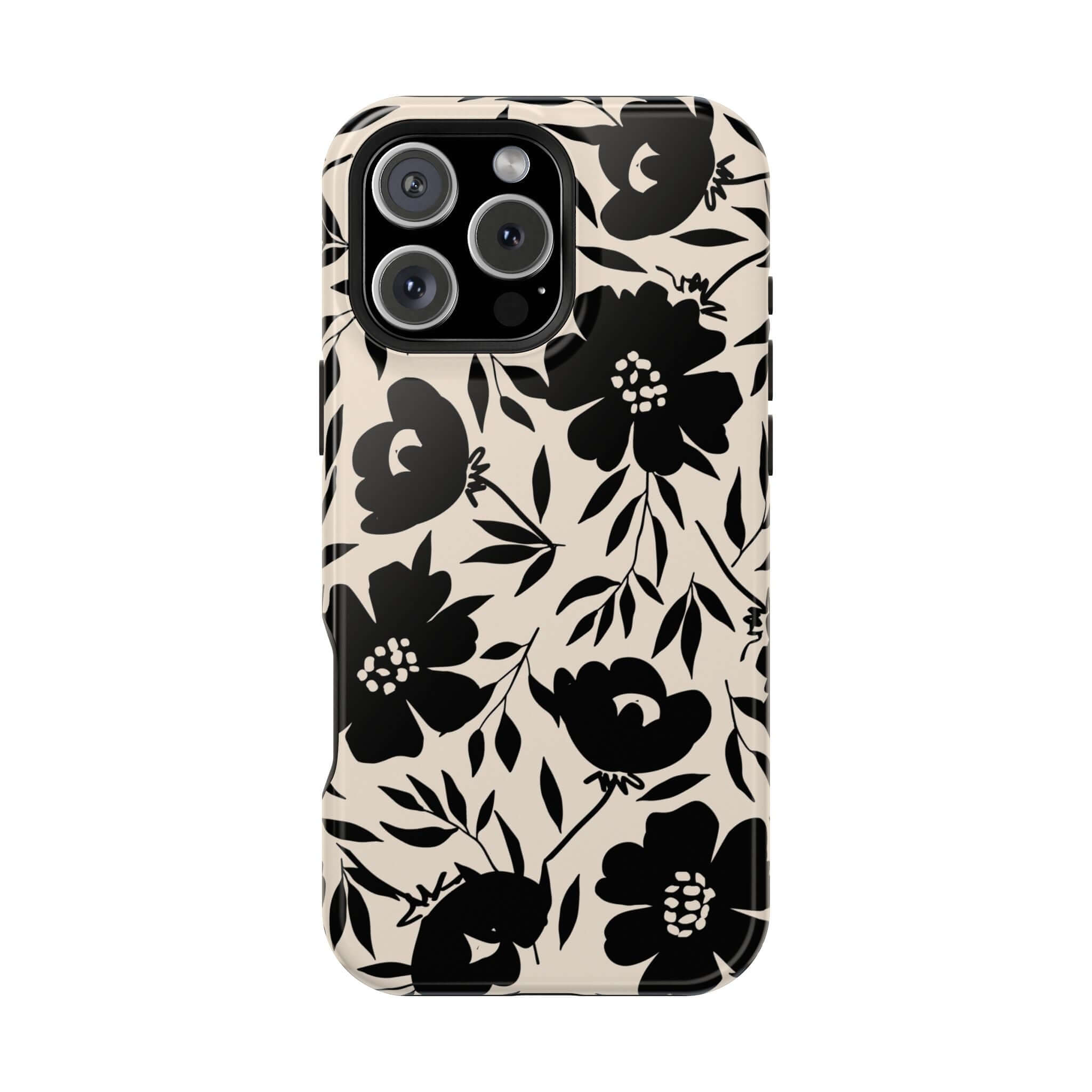 Black floral iPhone 16 case, cute phone case with bold design, Eclipse Garden style.