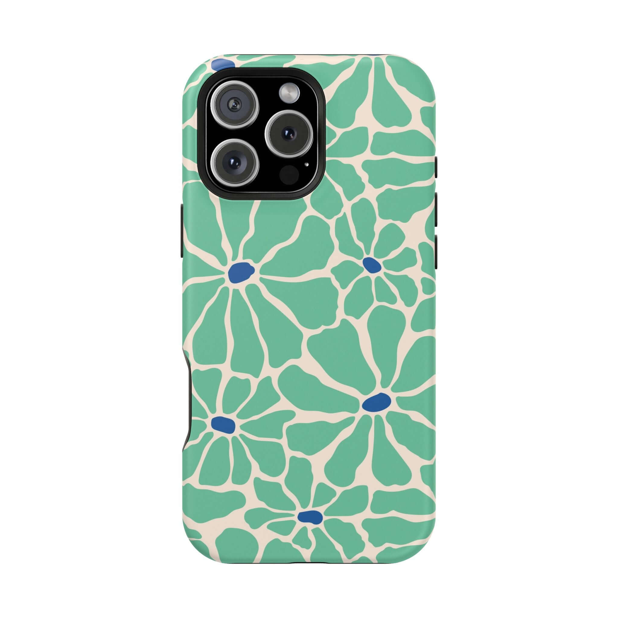 Cute retro floral phone case in vibrant green and blue, perfect for Apple iPhone with MagSafe compatibility.