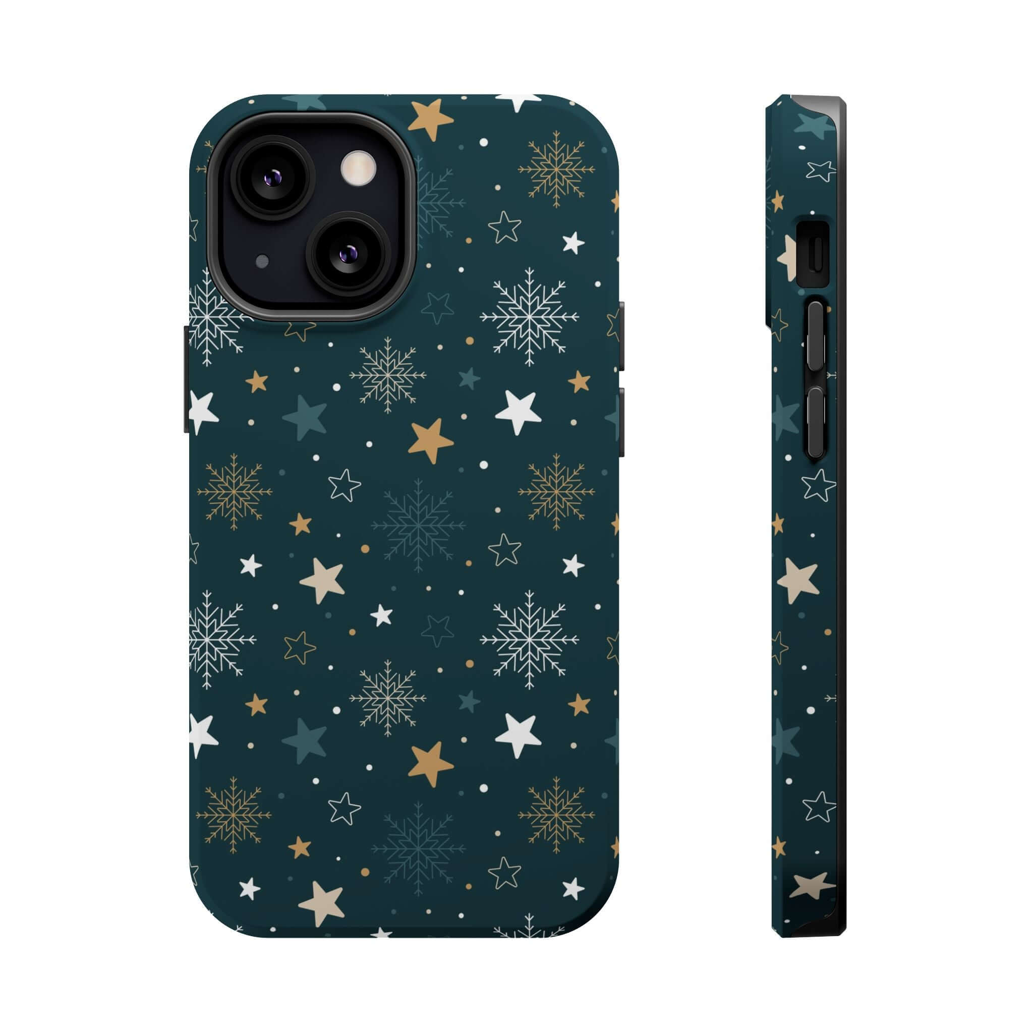 Christmas phone case with snowflakes and stars design, MagSafe compatible, festive holiday phone cover, cute xmas accessory.