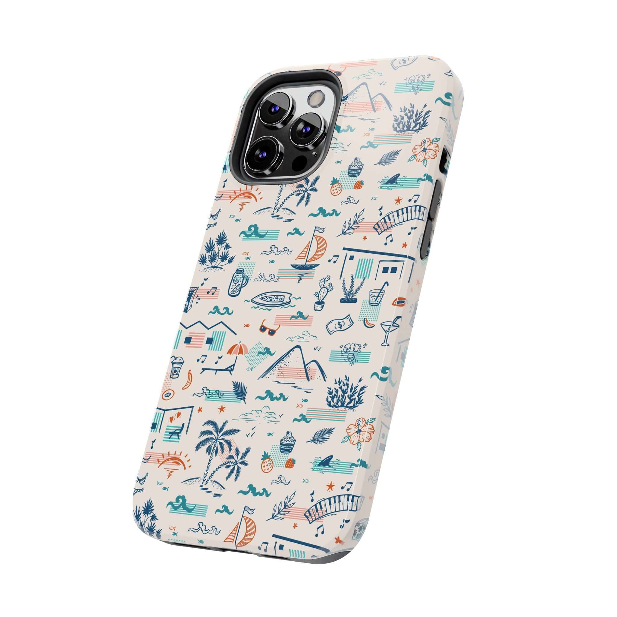 Colorful iPhone case with summer vacation illustrations for iPhone 14 Pro Max and Samsung S23. Cute phone case with playful designs.