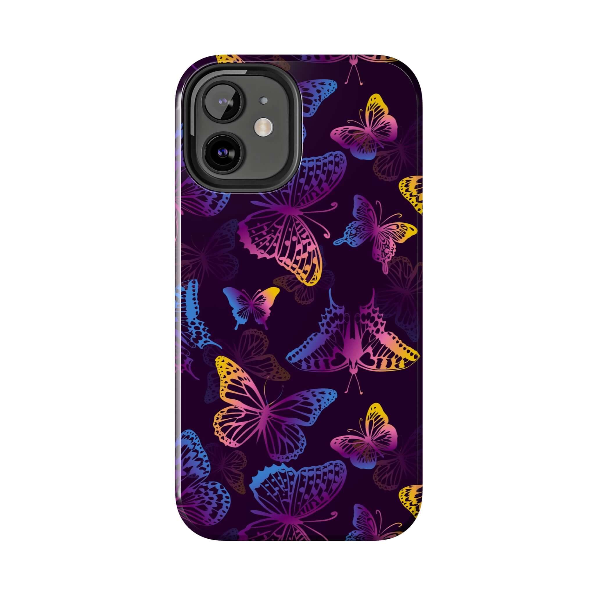 Black phone case with colorful butterfly design, MagSafe iPhone case, floral and cute phone cover, bold and unique accessory.