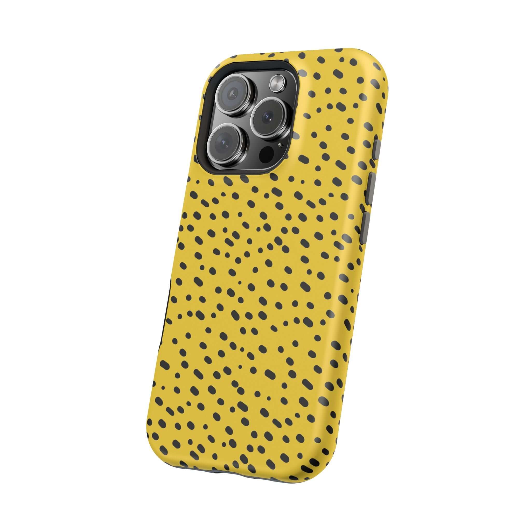 Yellow cheetah print colorful iPhone case by Spot On, featuring bold abstract spots and MagSafe compatibility. Cute phone accessory.