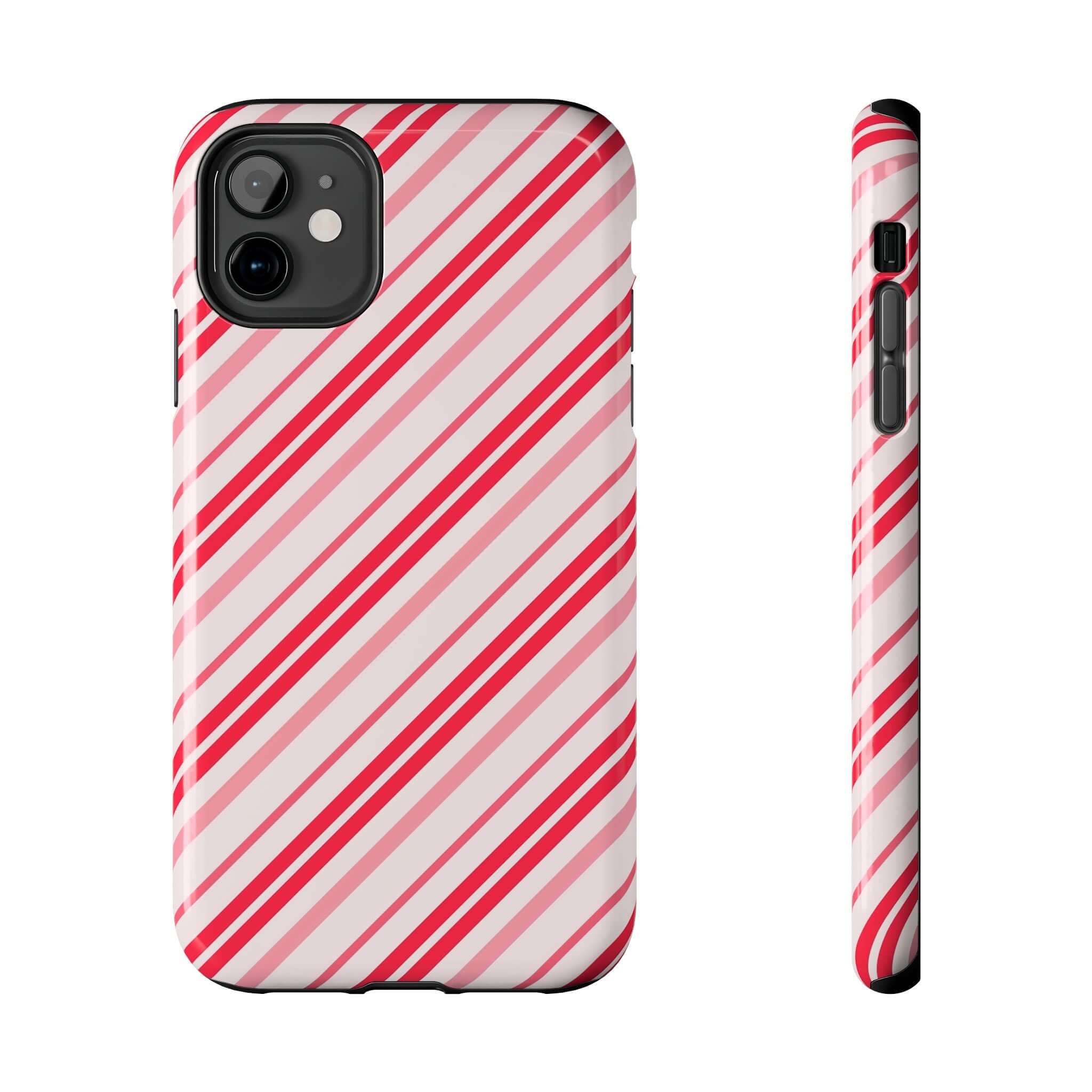 Cute iPhone case with red and white candy cane stripes, perfect holiday phone case design for a custom festive look.