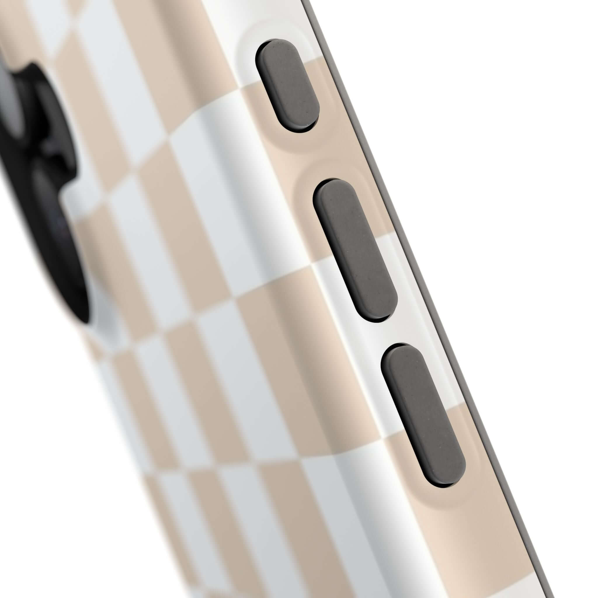 Close-up of cream checkered MagSafe iPhone 16 case, cute and protective phone case.