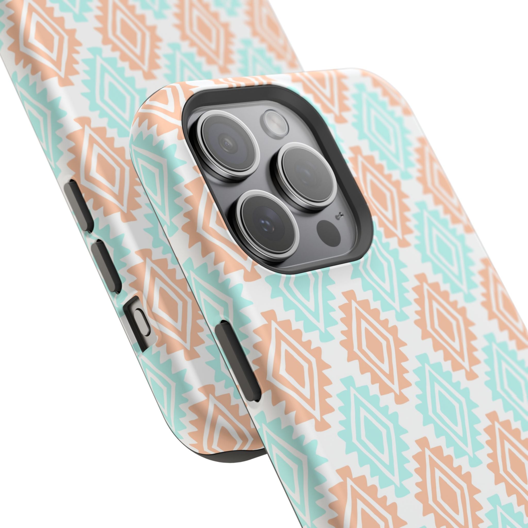 Southwestern MagSafe iPhone Case with funky abstract design in turquoise and peach, a cute phone cover with floral patterns.