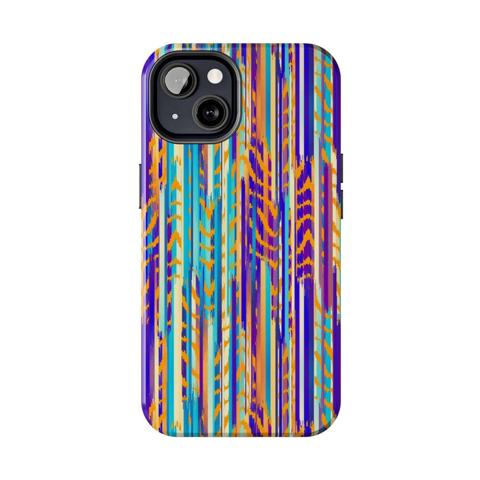 Colorful abstract iPhone case with trippy tie dye pattern, featuring vibrant stripes in purple, orange, and blue tones.