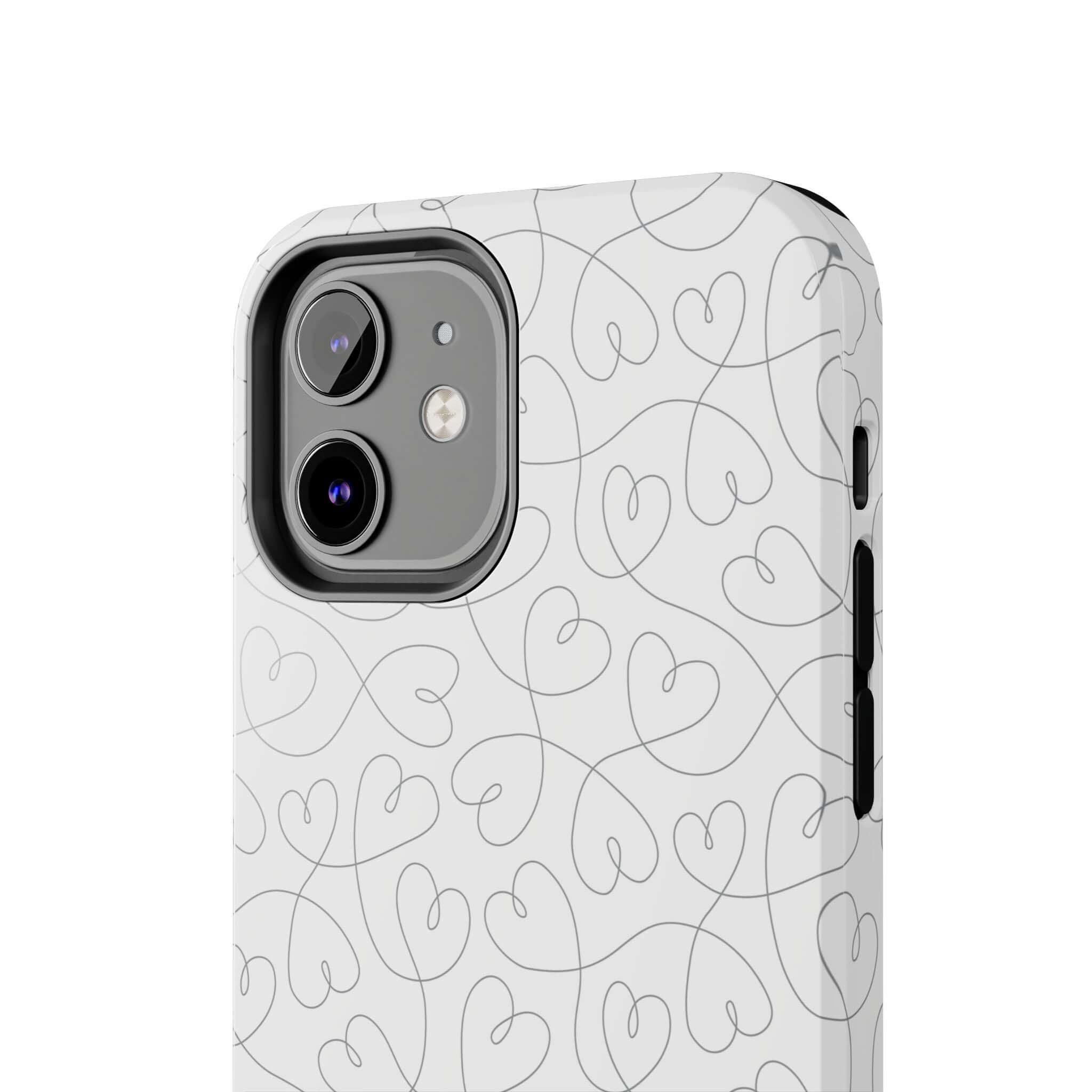 Silver Hearts Romance phone case for iPhone 14 Pro Max featuring abstract heart design on a silver background, perfect for bridal looks.