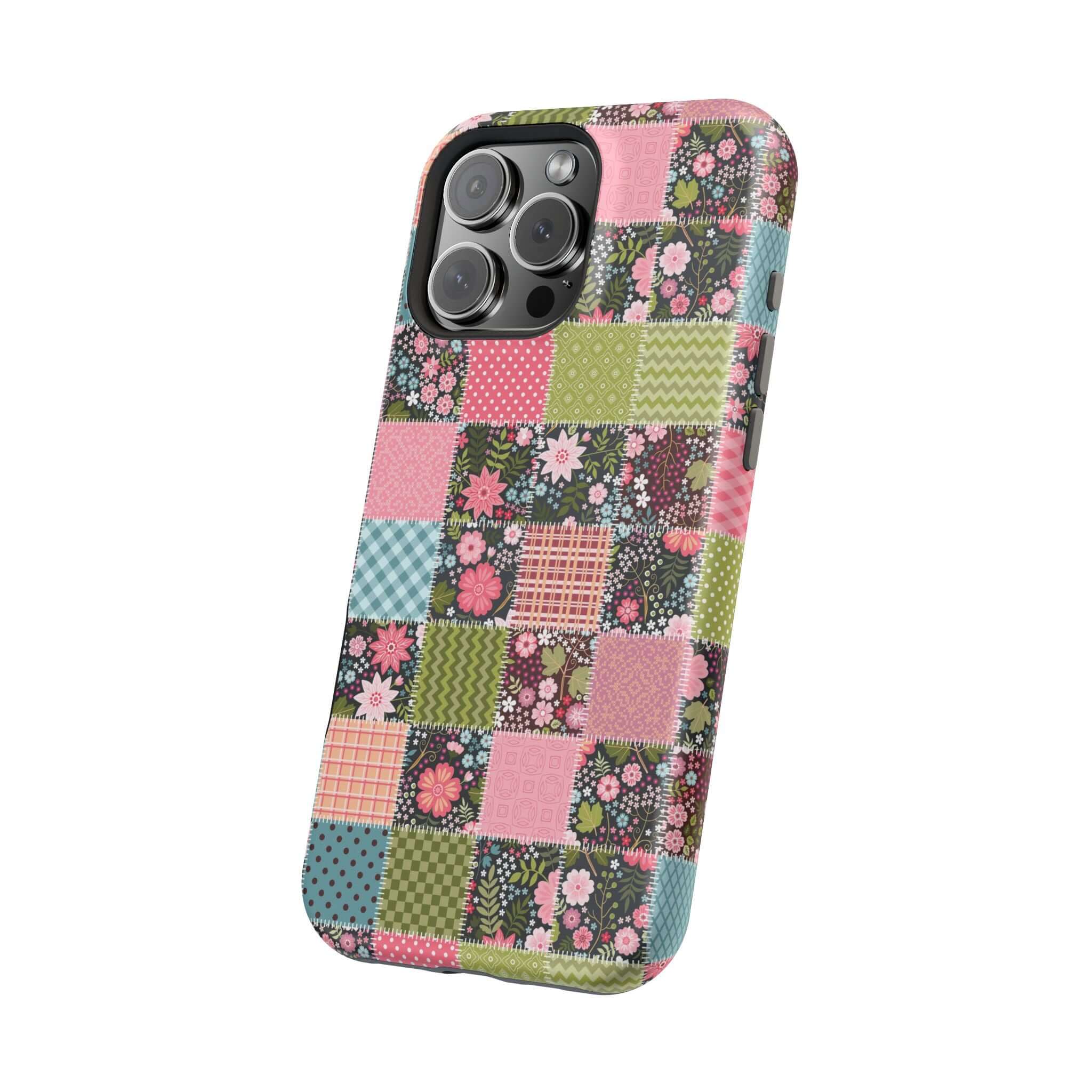 Groovy MagSafe iPhone case with floral patchwork design, perfect cute phone cover for free-spirited vibes.