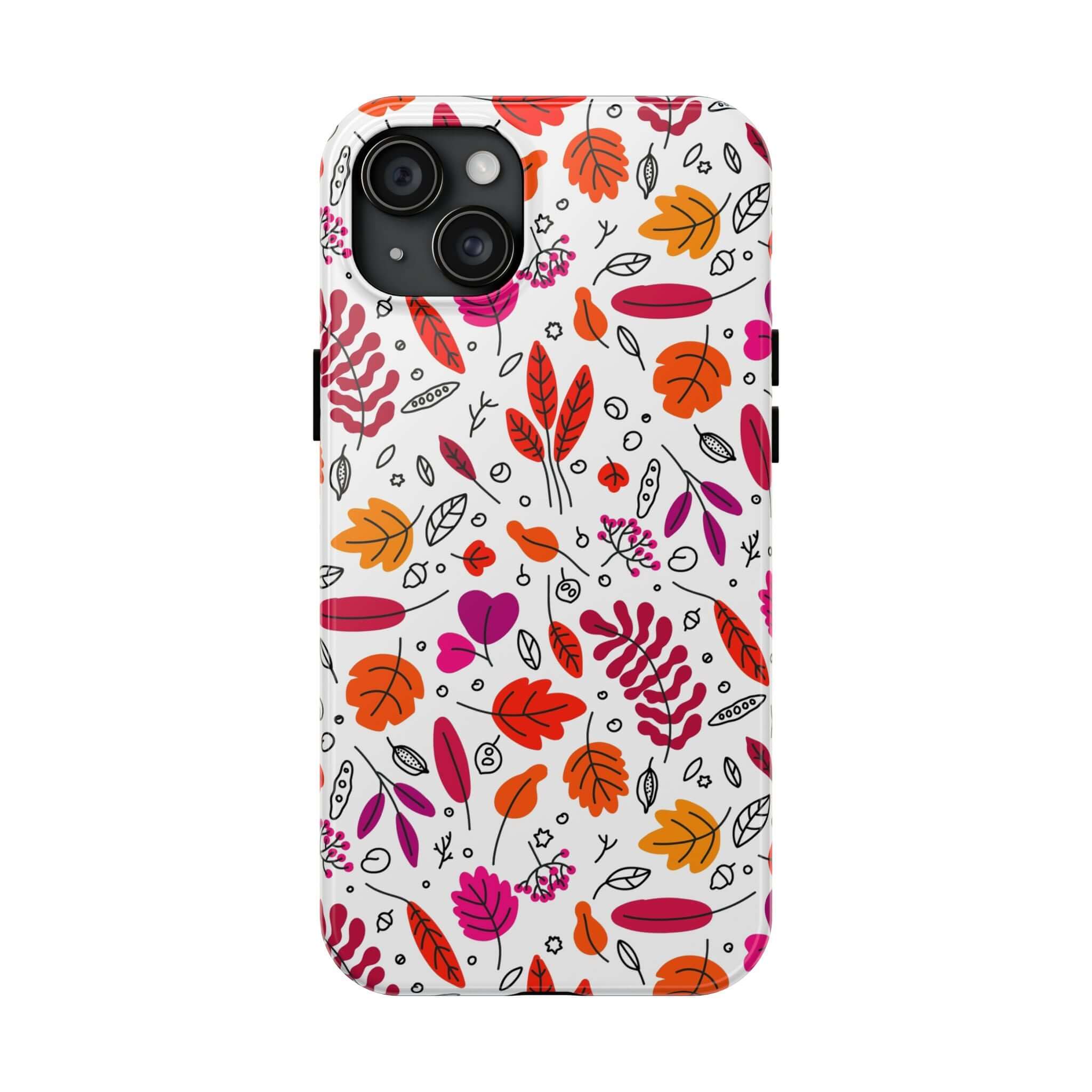 Fall in Love Fall Leaves Case - Cute Halloween and fall-themed iPhone case with colorful autumn leaves design for wireless charging.