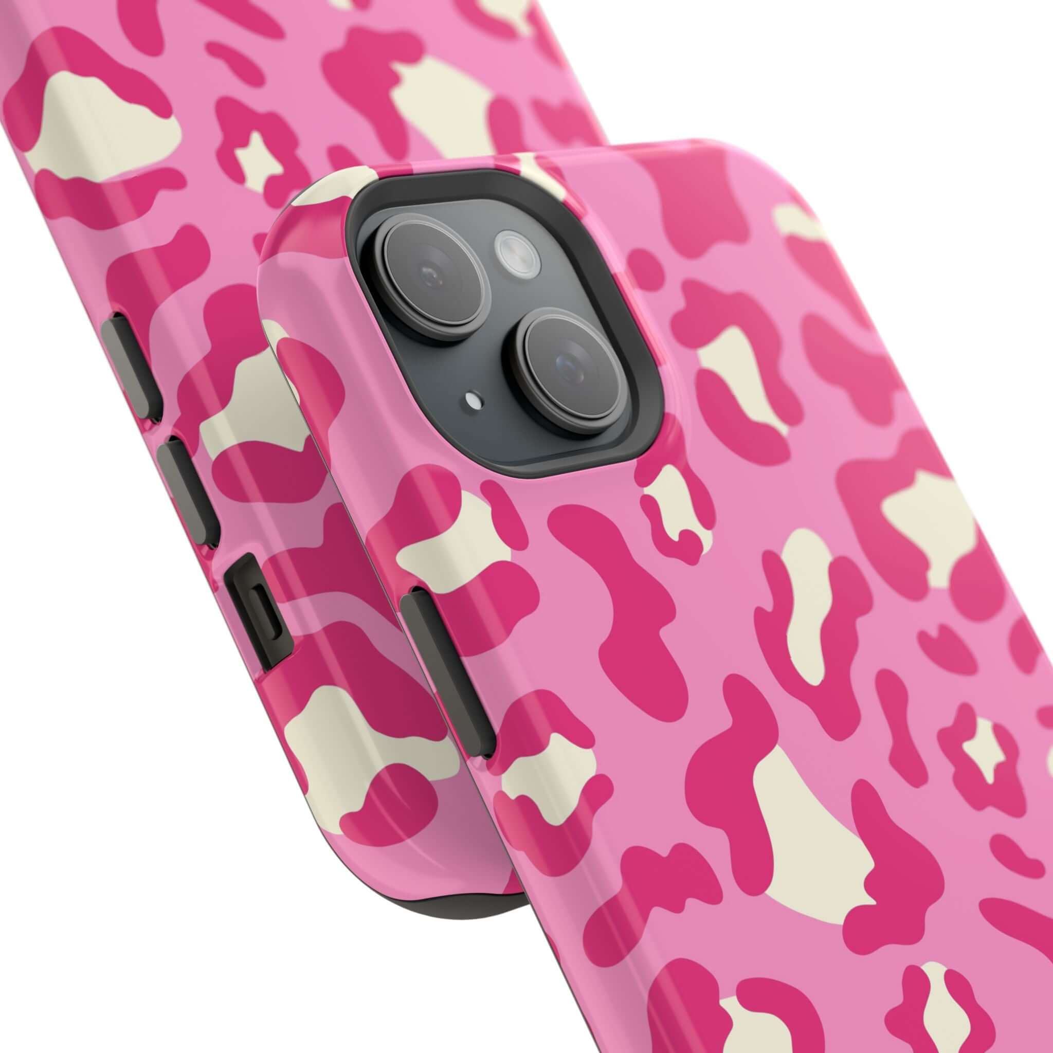 Preppy Cheetah Pink MagSafe phone case for iPhone 14 Pro Max with colorful pattern and chic design for standout style.