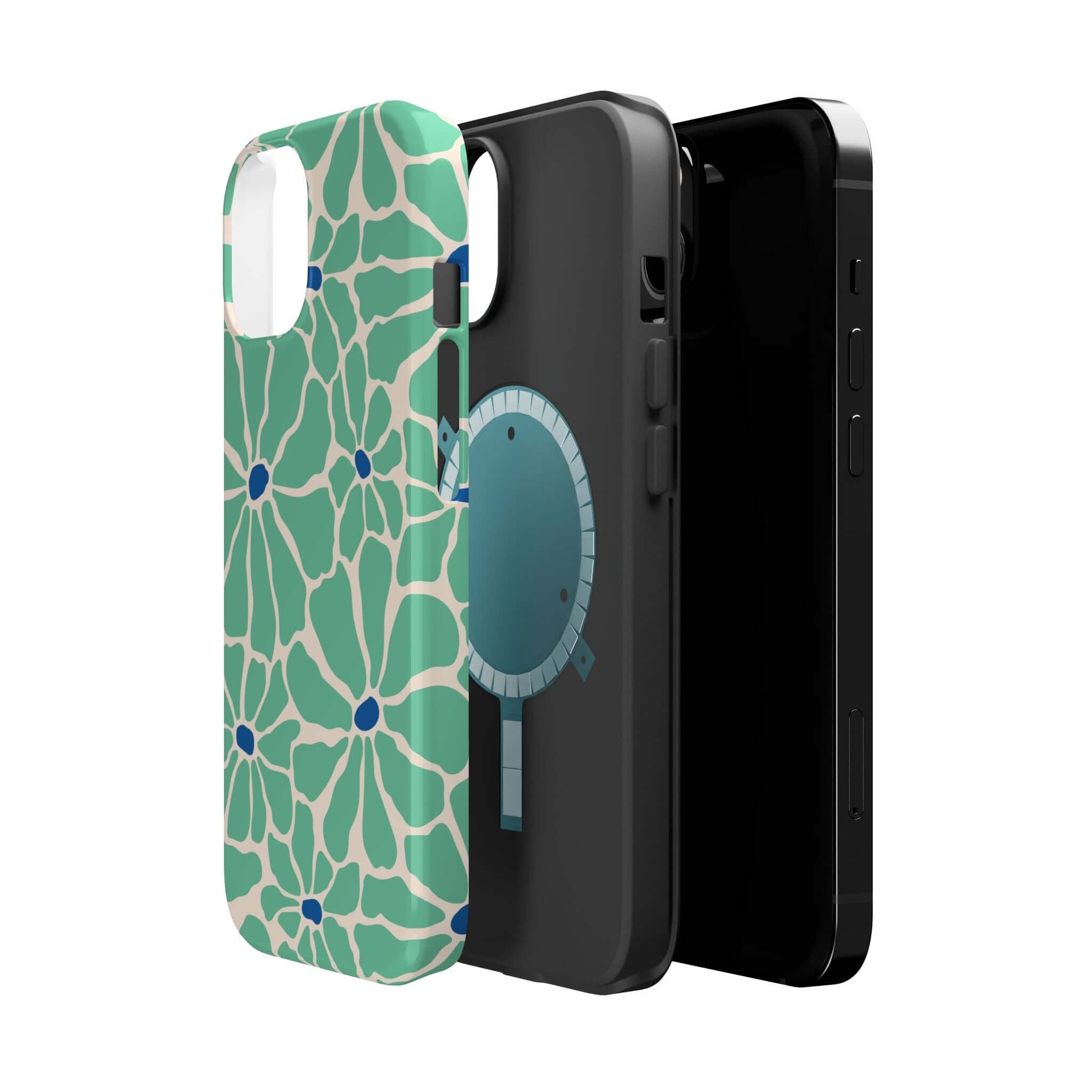 A cute phone cover featuring a retro floral design and a slim black case for Apple iPhone, showcasing tropical vibes.