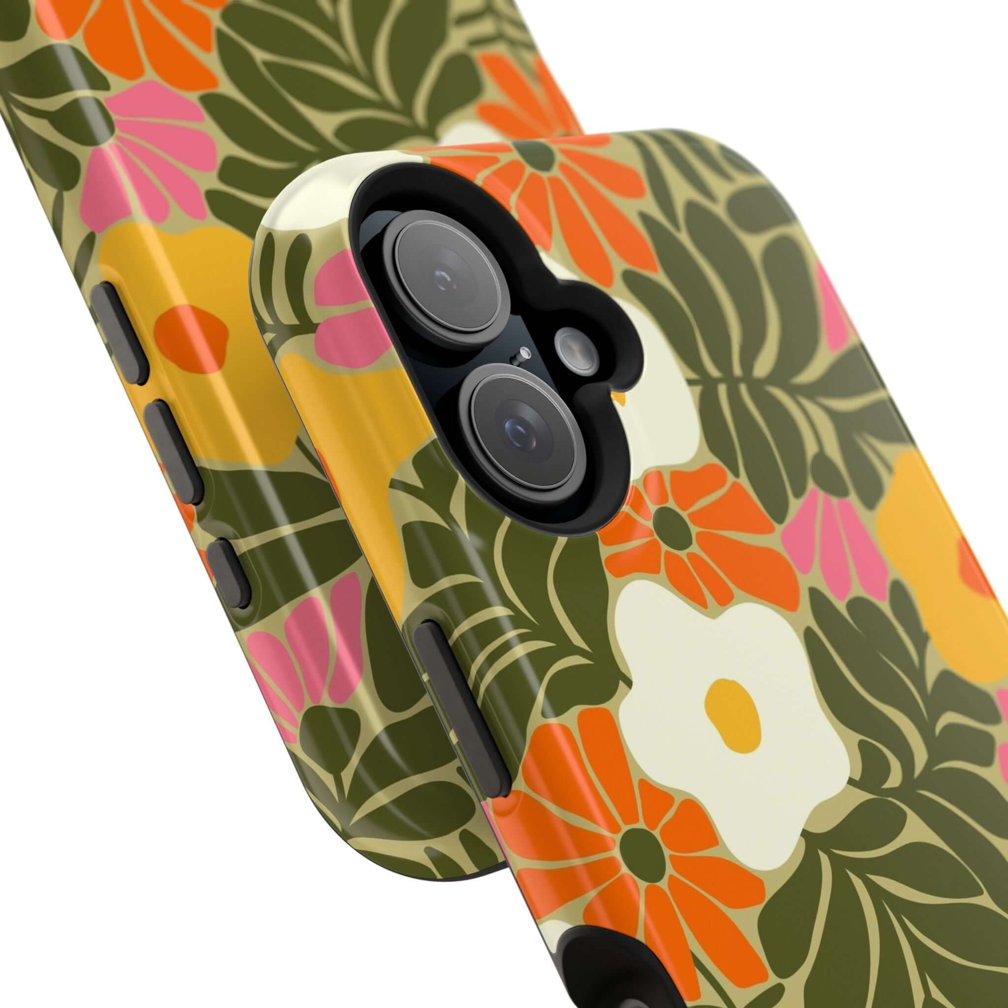 Close-up of a cute retro floral phone case for Apple iPhone, showcasing vibrant tropical colors and stylish design.