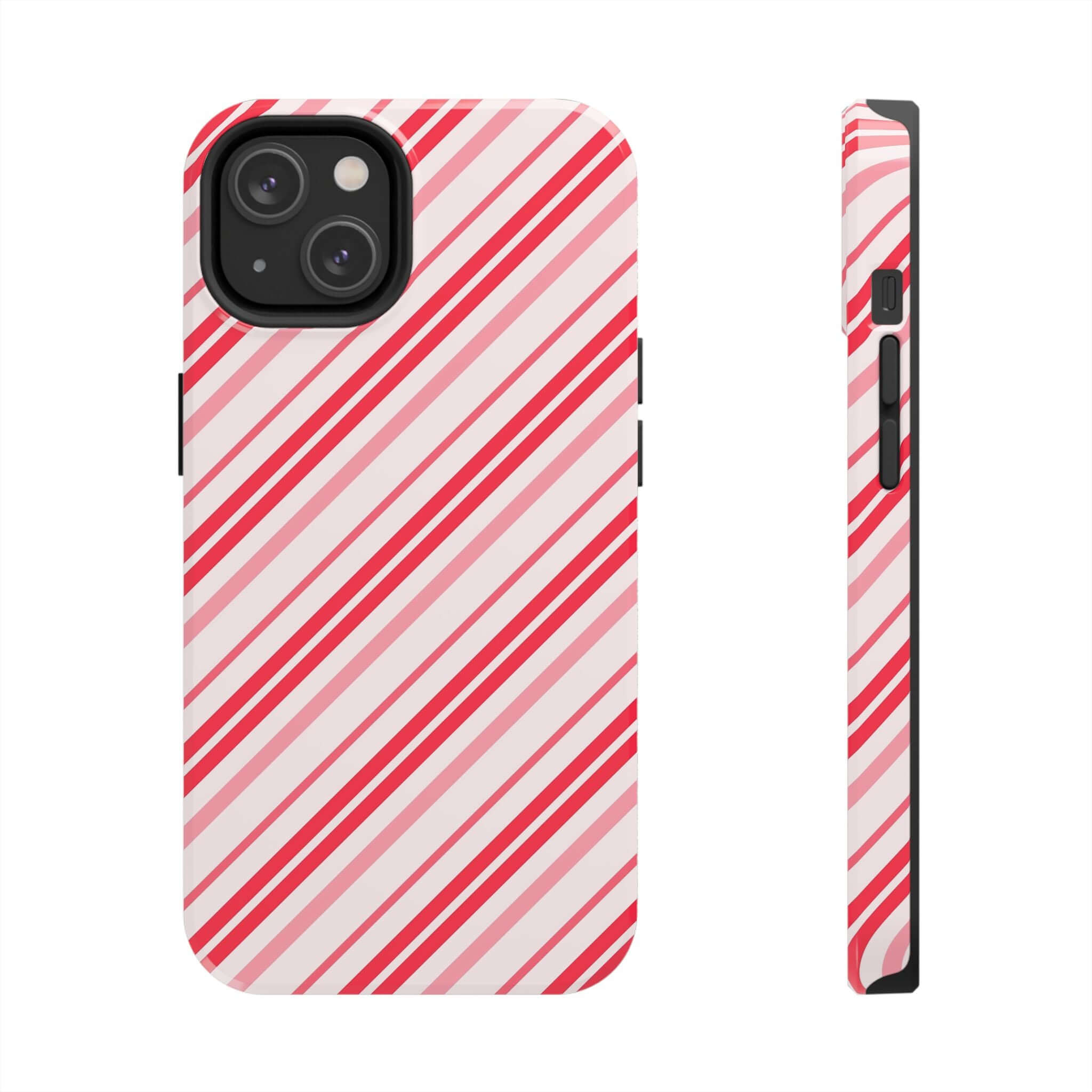 Cute iPhone case with red and white candy cane stripes, perfect for holiday style and custom phone case design.