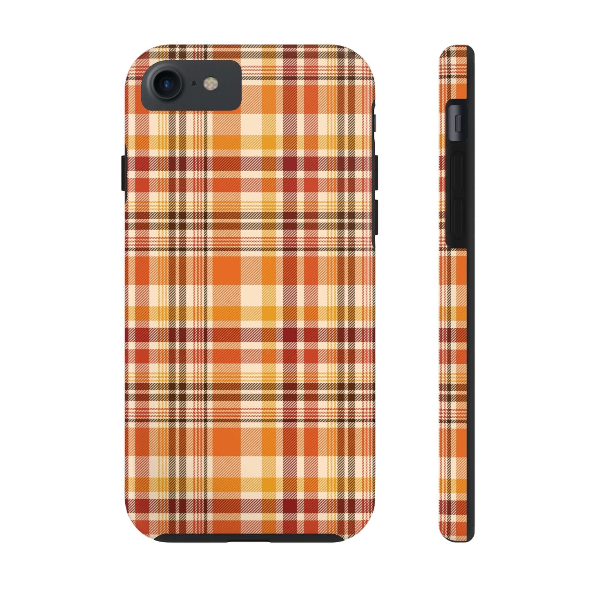 Autumn Air fall plaid Halloween phone case with orange and yellow checkered design, perfect cute iPhone case for the autumn season.