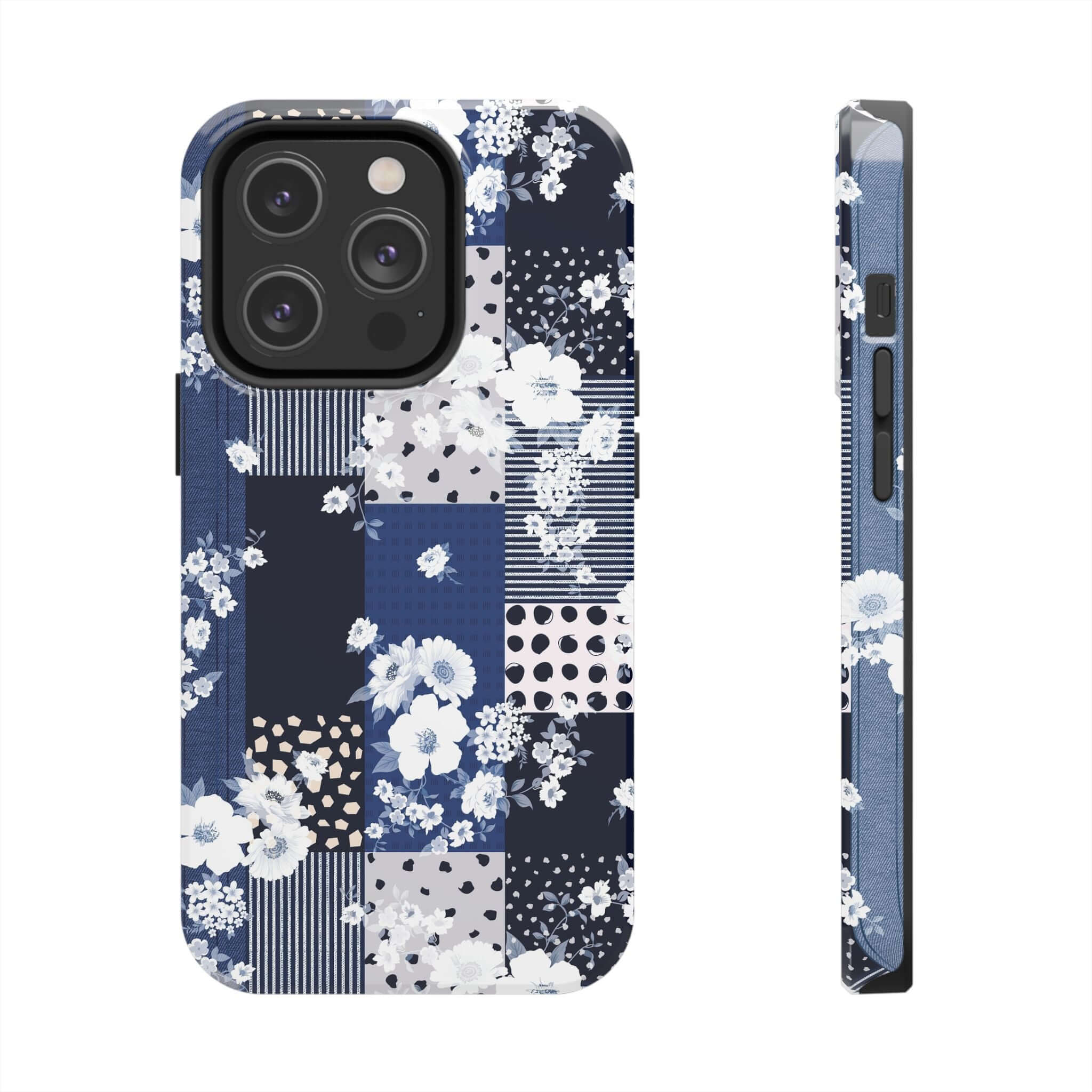 Sorority Book Club blue floral patchwork design phone case for iPhone and Samsung, cute iPhone cover with flowers, stylish and protective.