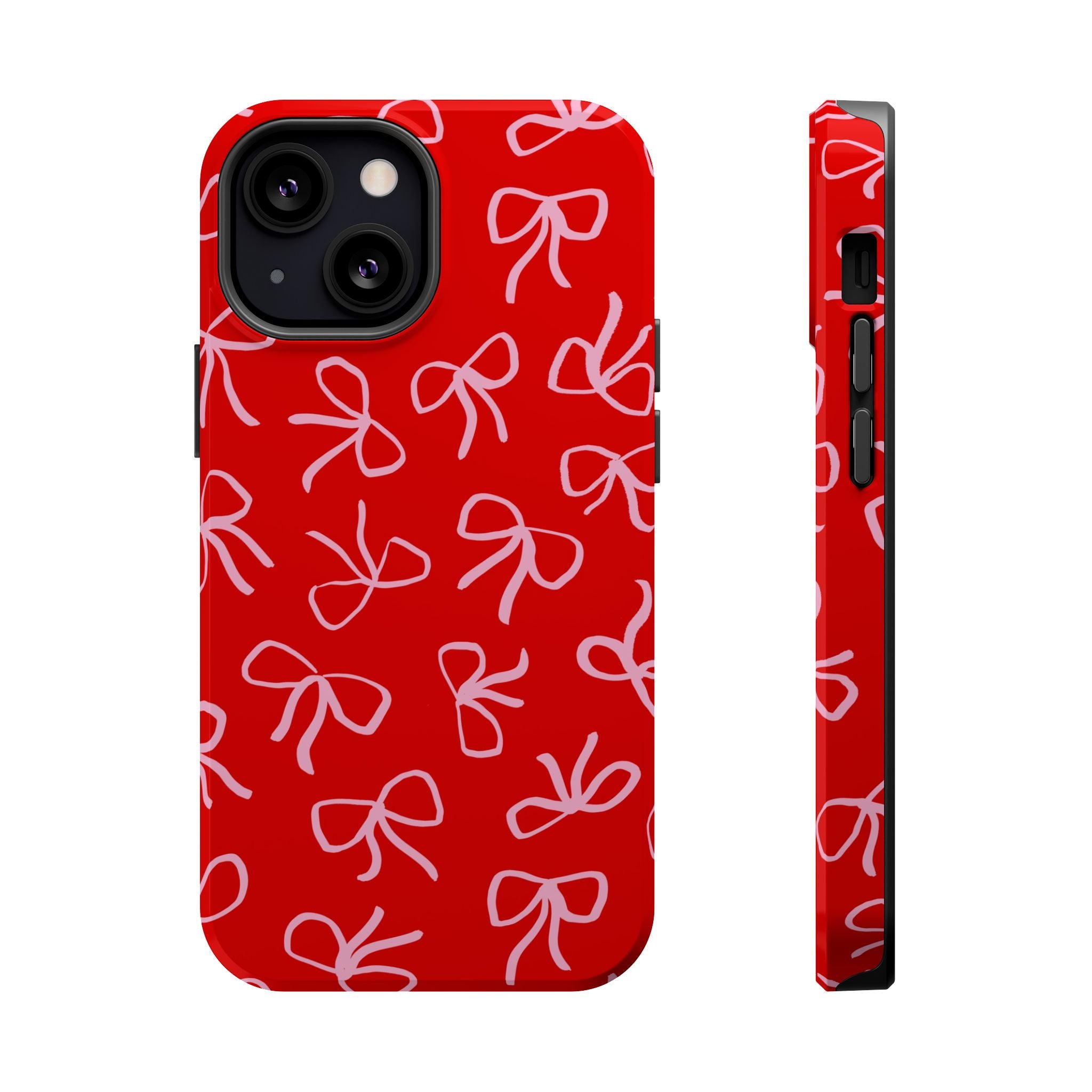 Cute MagSafe red phone case with playful bow design, perfect for adding sass and style.