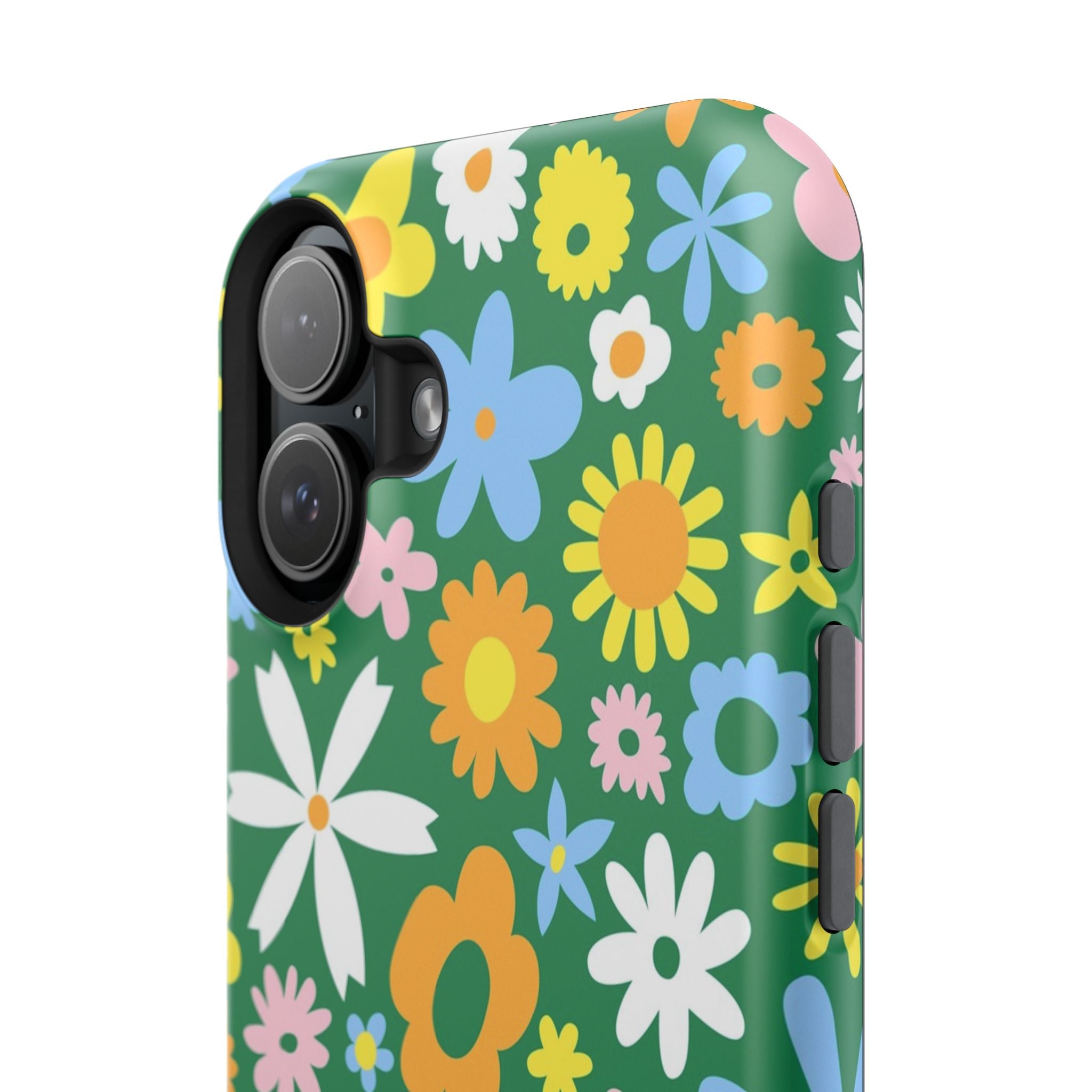 Vibrant floral MagSafe iPhone case with green background, featuring colorful hippie flower design for a cute phone cover look.