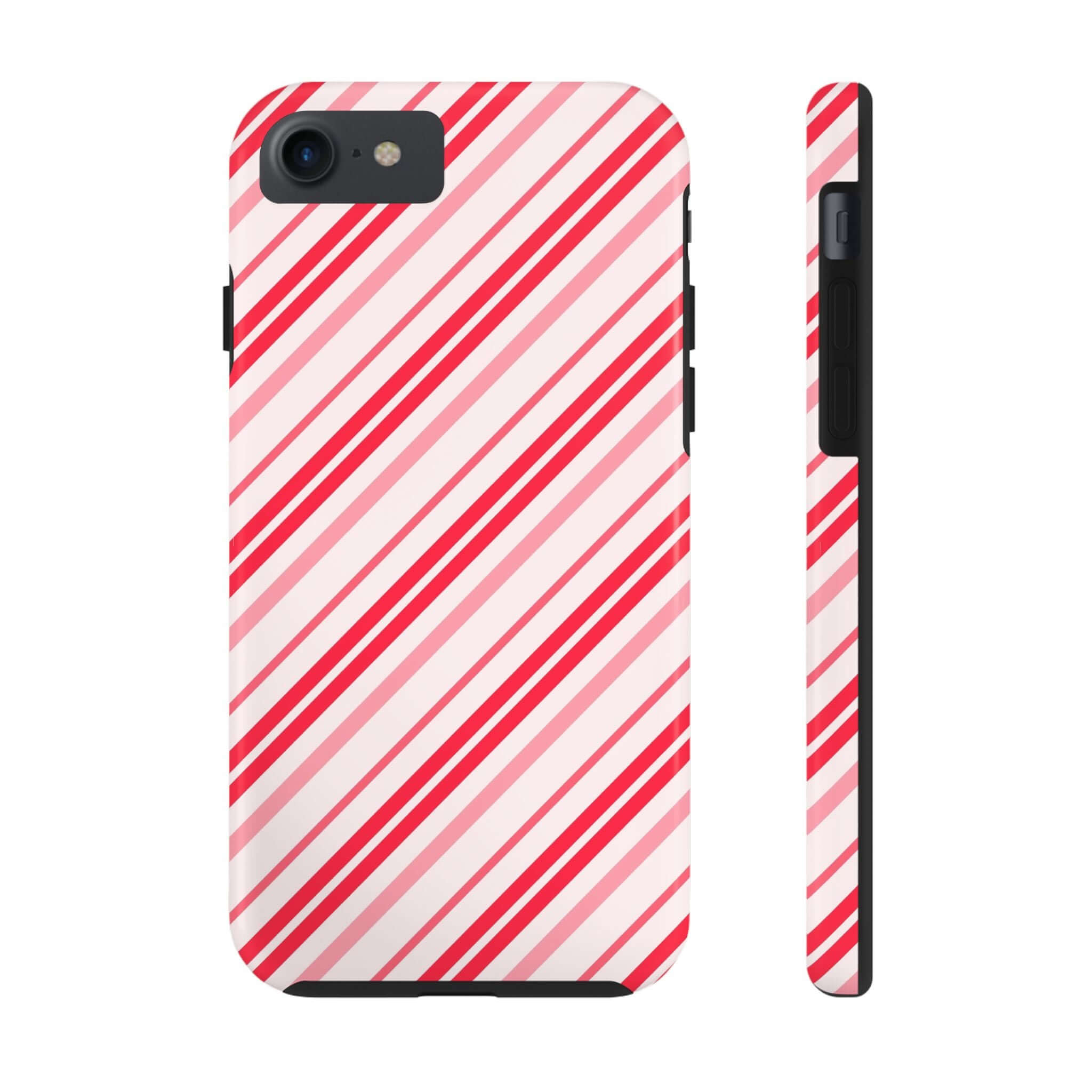 Festive Candy Cane Cutie striped holiday phone case for iPhone featuring red and white stripes, perfect for a cute holiday style.