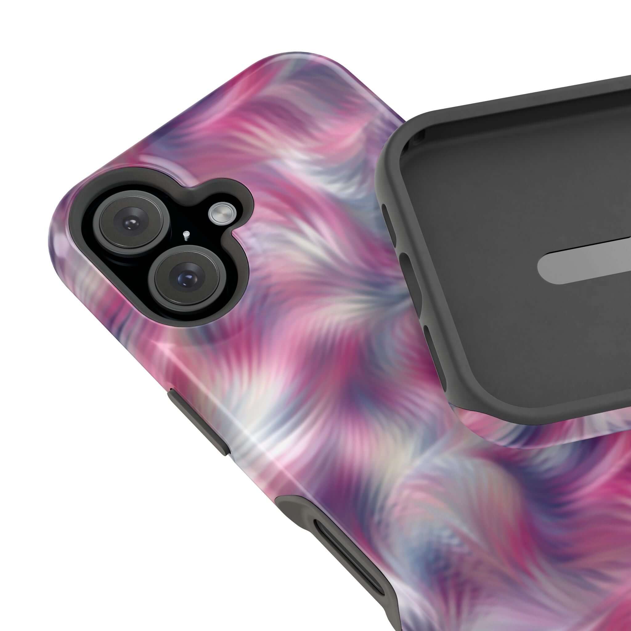 MagSafe iPhone case with purple abstract tie dye swirl design, cute and quirky phone cover, perfect floral iPhone case alternative.