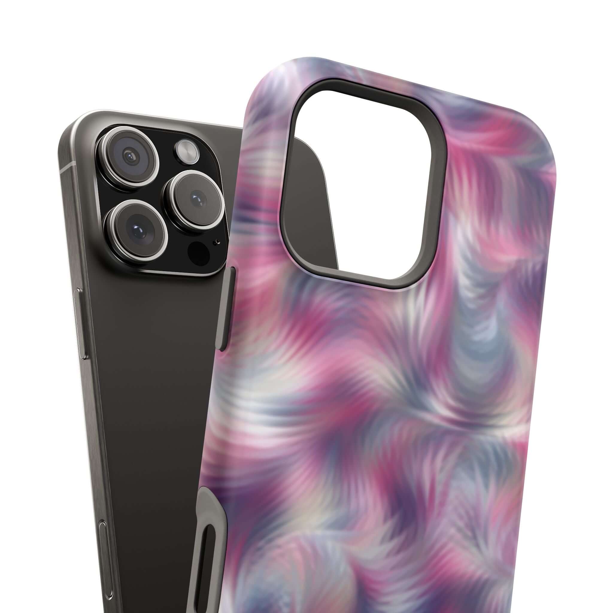 Purple abstract MagSafe iPhone case with tie dye swirl design, perfect cute floral phone cover showcasing a quirky personality.