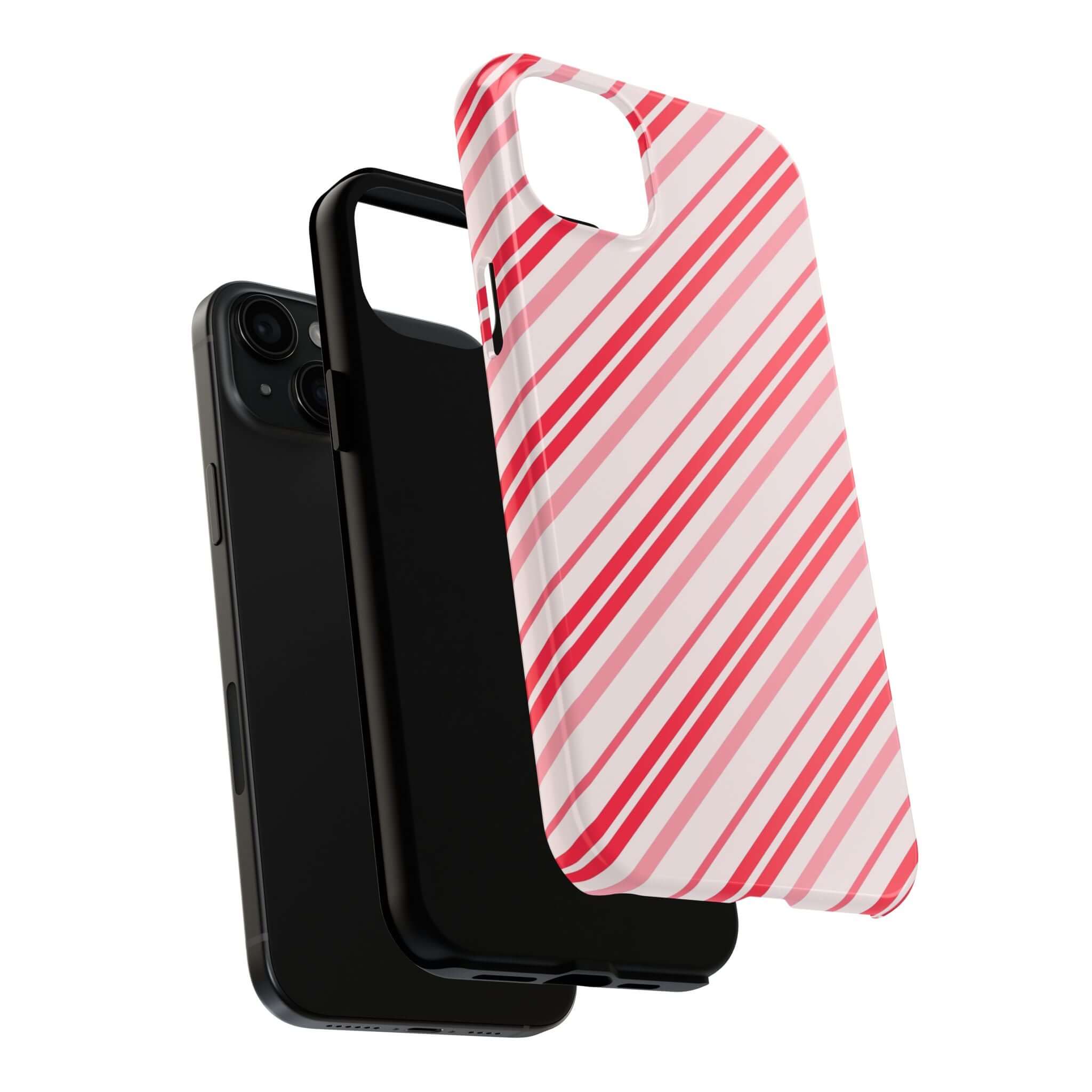 Candy Cane Cutie striped holiday phone case for iPhone, cute colorful design with Christmas themes like trees, Santa, and snowflakes.