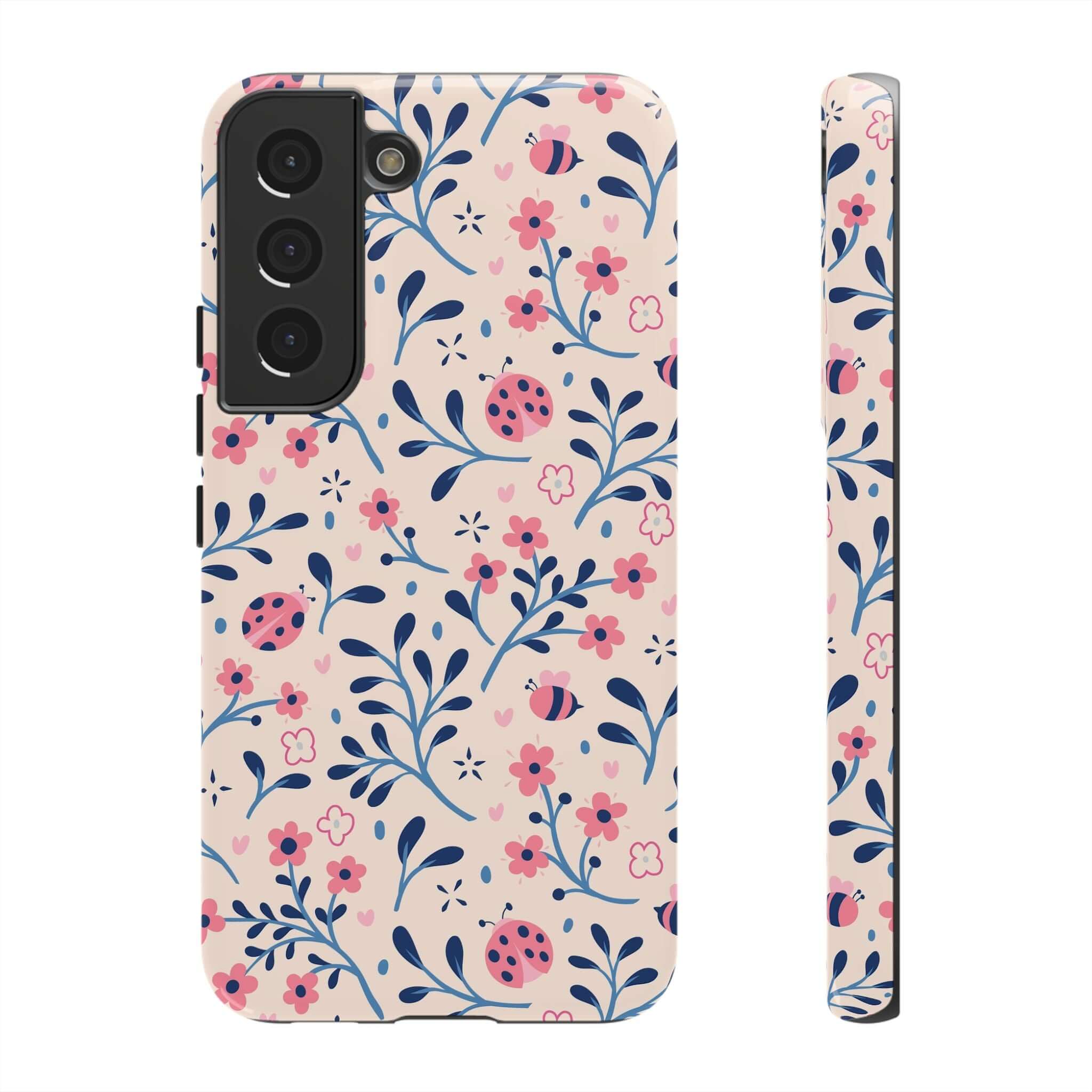 Colorful Samsung S23 case with cute ladybugs and floral pattern, perfect fit for iPhone 14 Pro Max and other models.