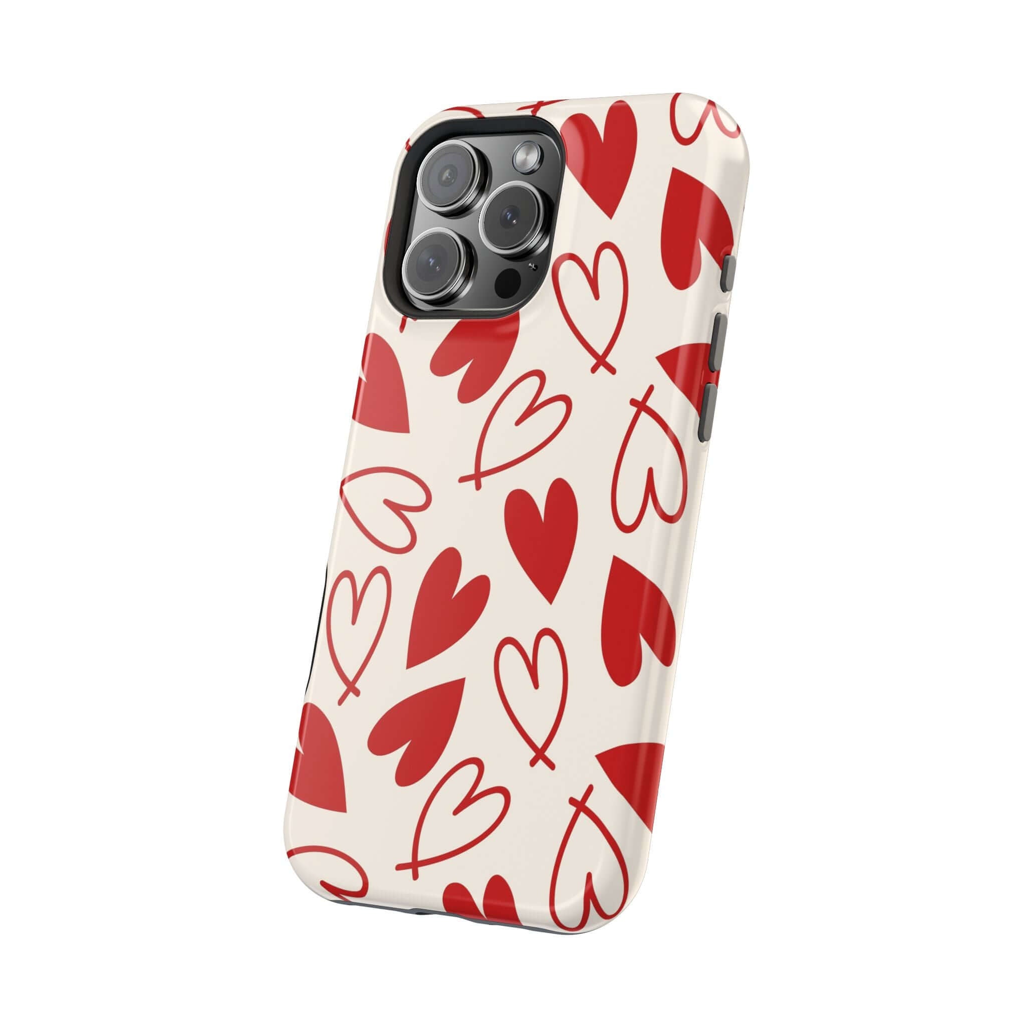 Cute phone case with red hearts design, Be Mine iPhone cover. Quirky and fun accessory for mobile protection.