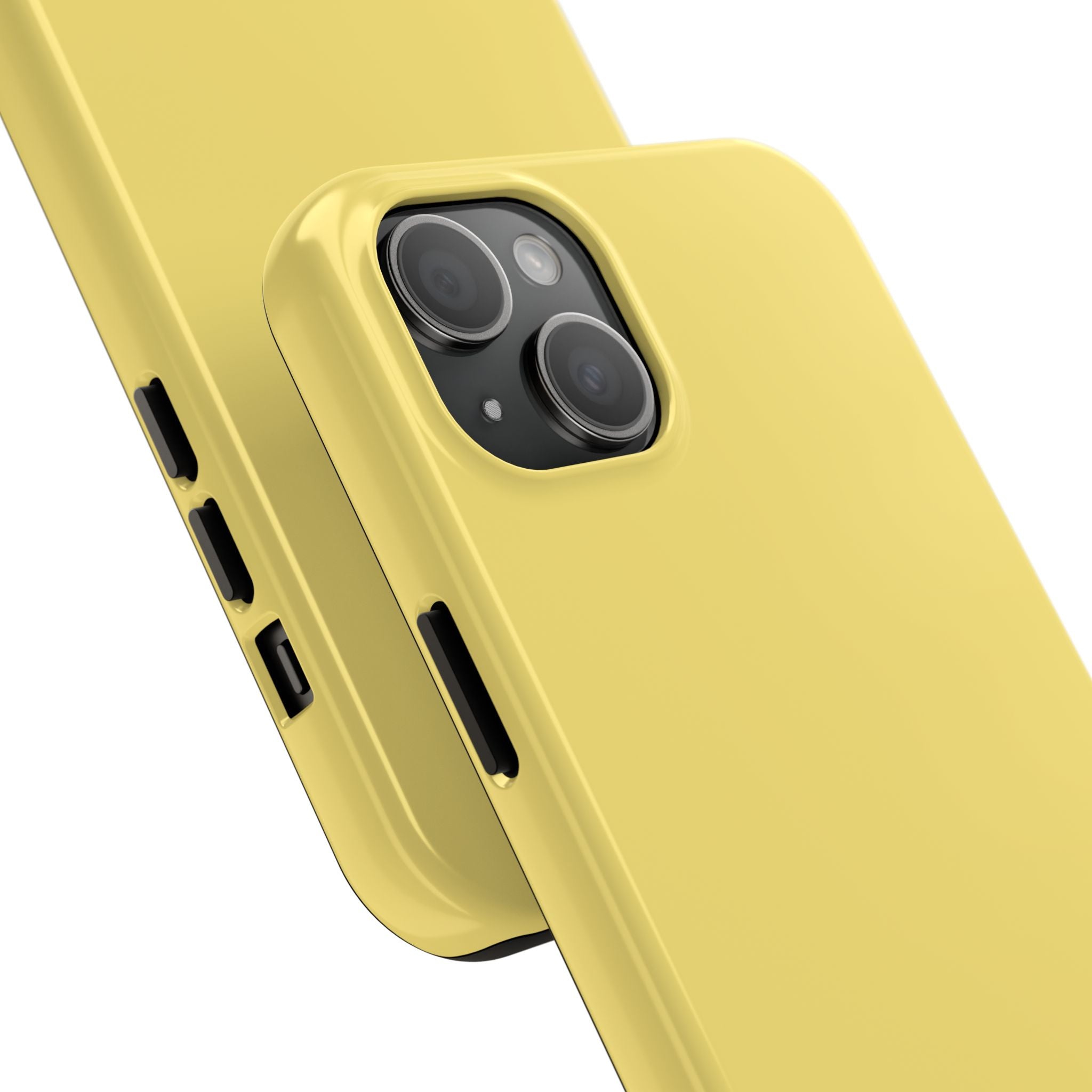 Solid yellow iPhone case showcasing camera cutouts, combining playful style with functionality. Cute phone case for iPhone.