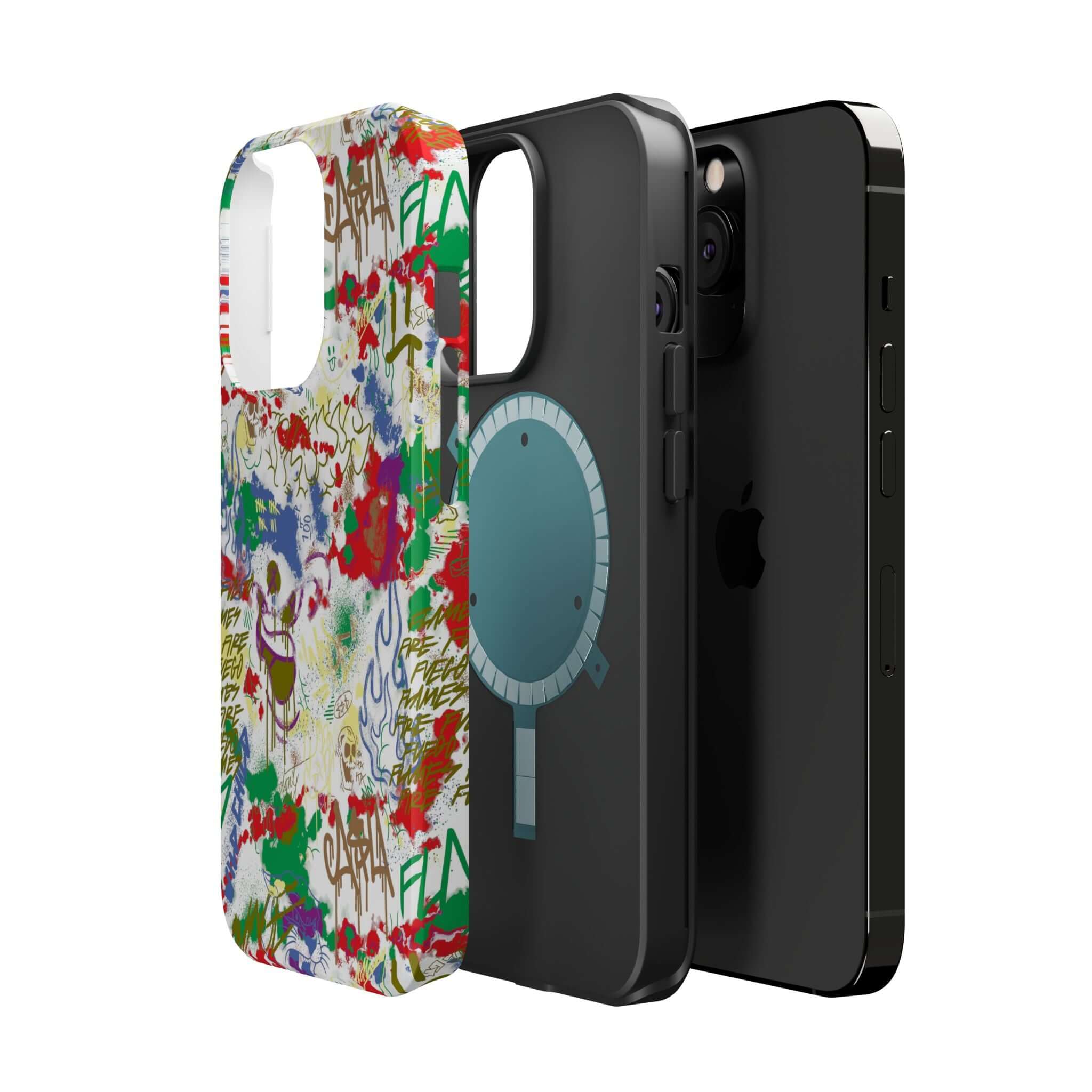 Colorful graffiti phone case next to sleek black iPhone cases, showcasing artistic design and modern style.