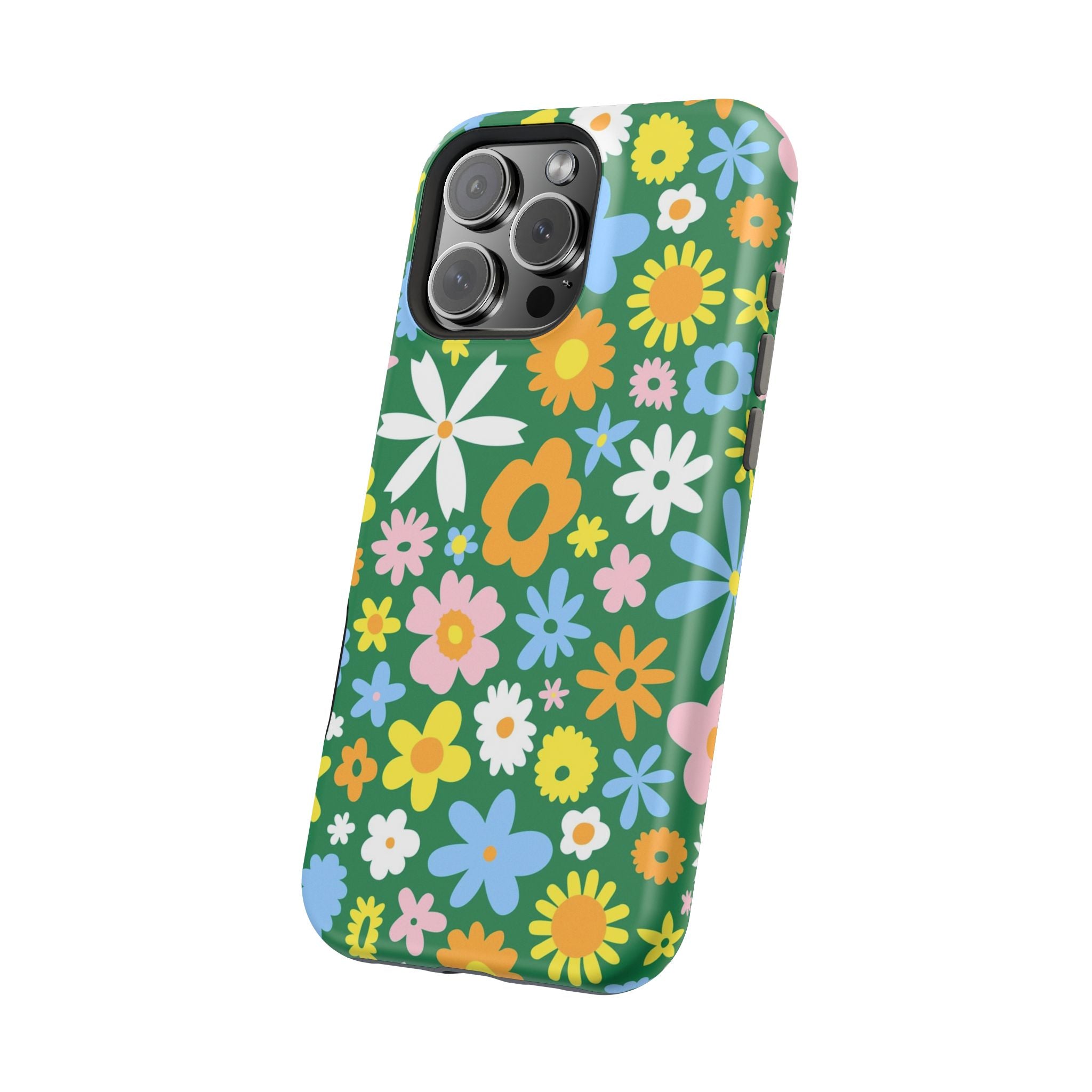 Vibrant floral hippie MagSafe iPhone case with colorful flowers on green, cute phone cover adds flair and protection to your style.