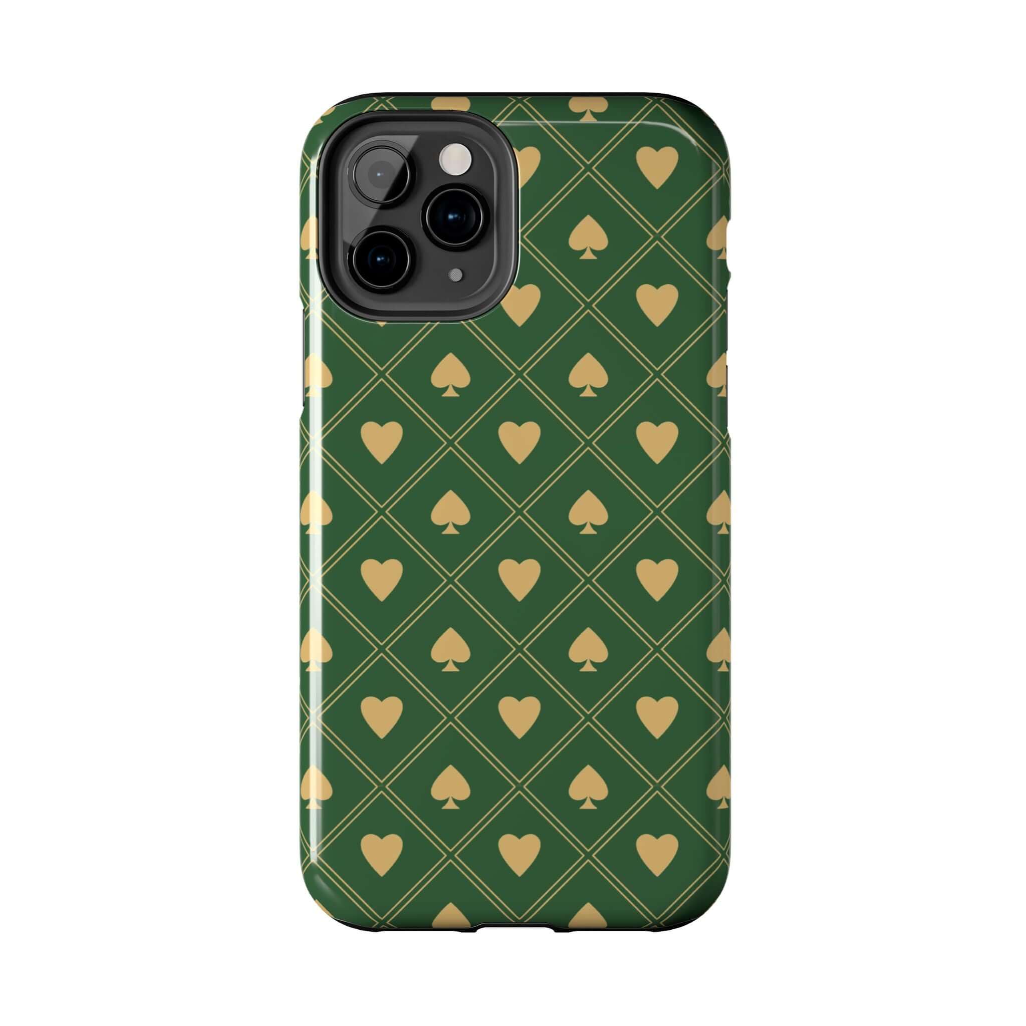 Royal Flush green spade phone case with heart design, cute iPhone case, phone cover with flowers, Samsung phone case, free shipping.