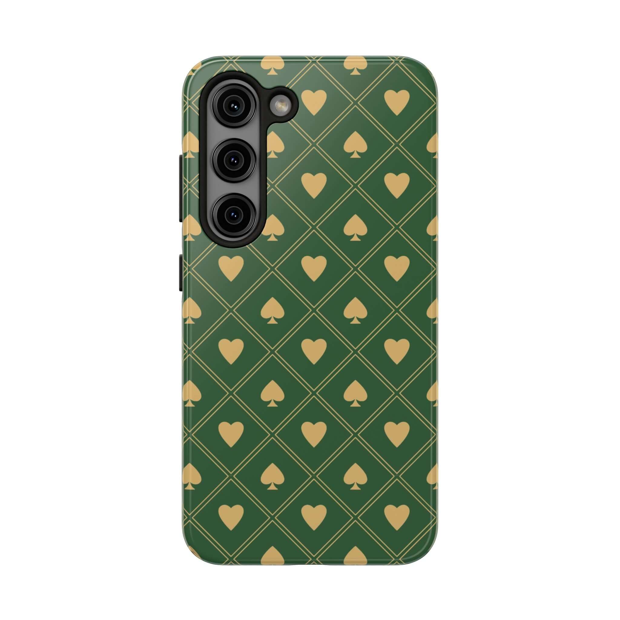 Green phone case with golden spade design for iPhone and Samsung models