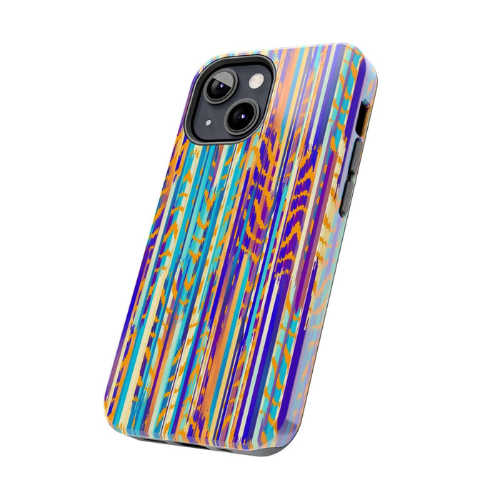 Colorful abstract tie dye iPhone case with vibrant stripes, highlighting a cute and unique design for phone protection and style.