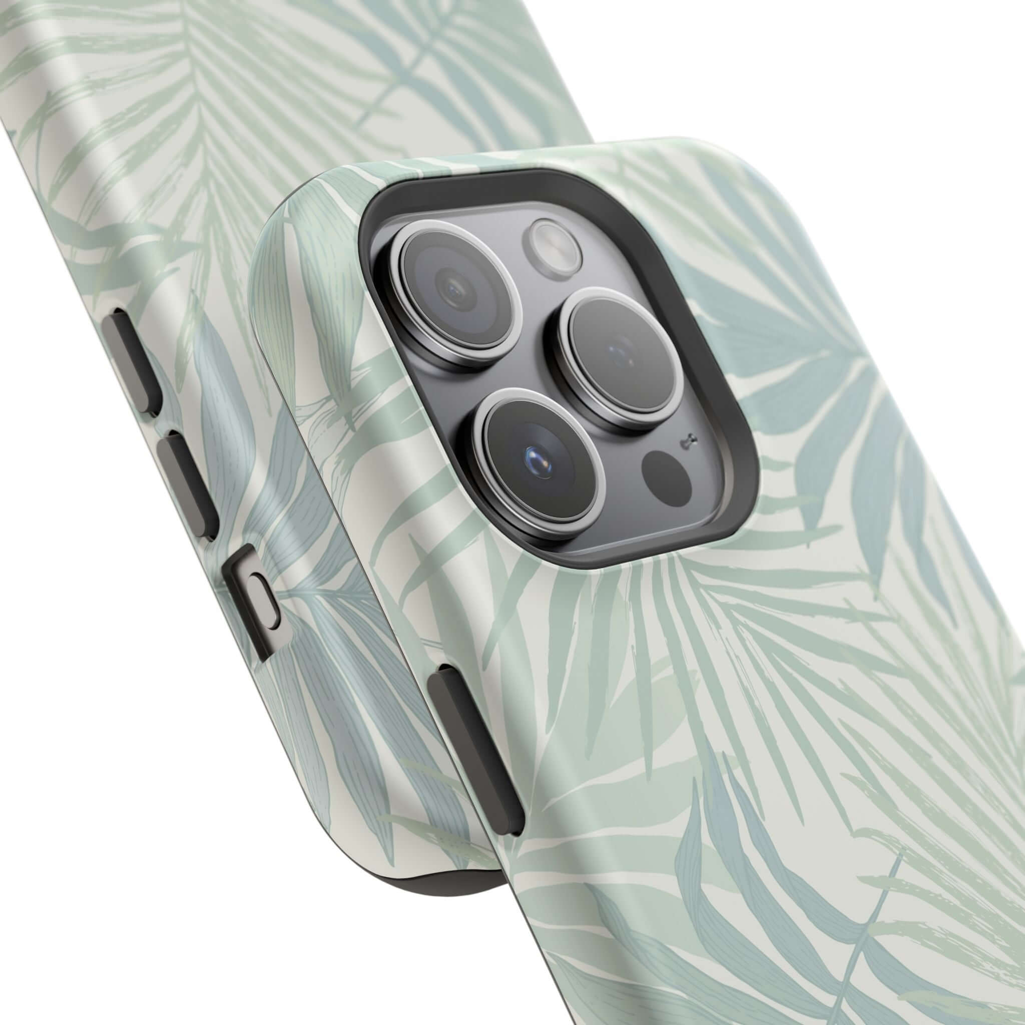 Teal tropical iPhone case with palm tree design and MagSafe technology, offering cute aesthetics and free shipping options.