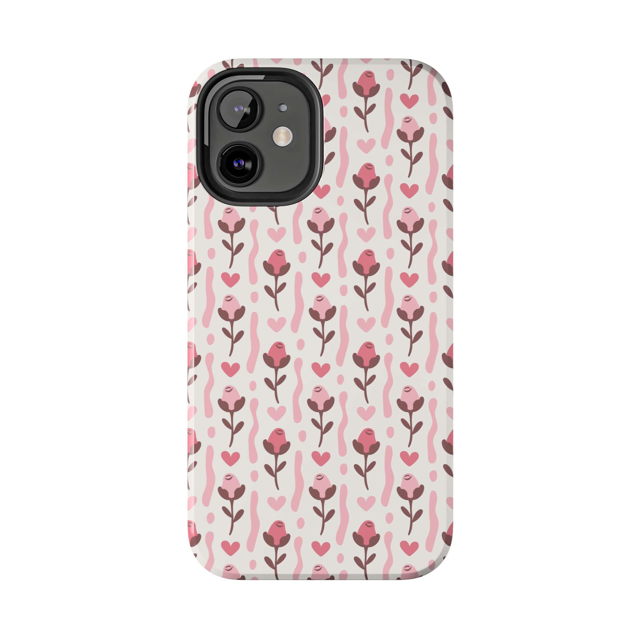 Cute custom phone case with red roses and hearts design for iPhone. Blushing Blooms cover with free shipping. Perfect whimsical accessory.