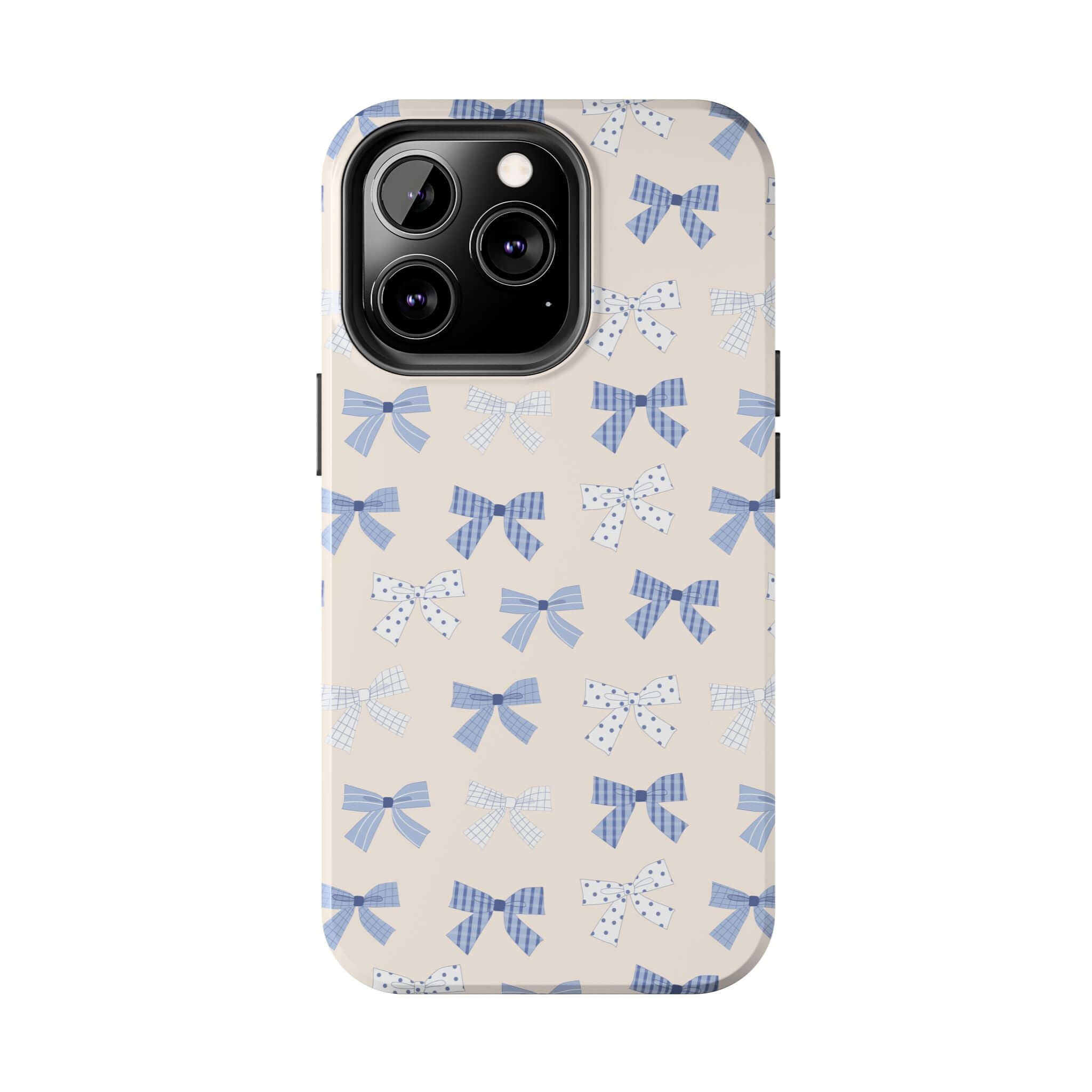 Cute iPhone 16 phone case with blue bows, perfect for a bride-to-be, showcasing a fun and girlie design for protection and style.