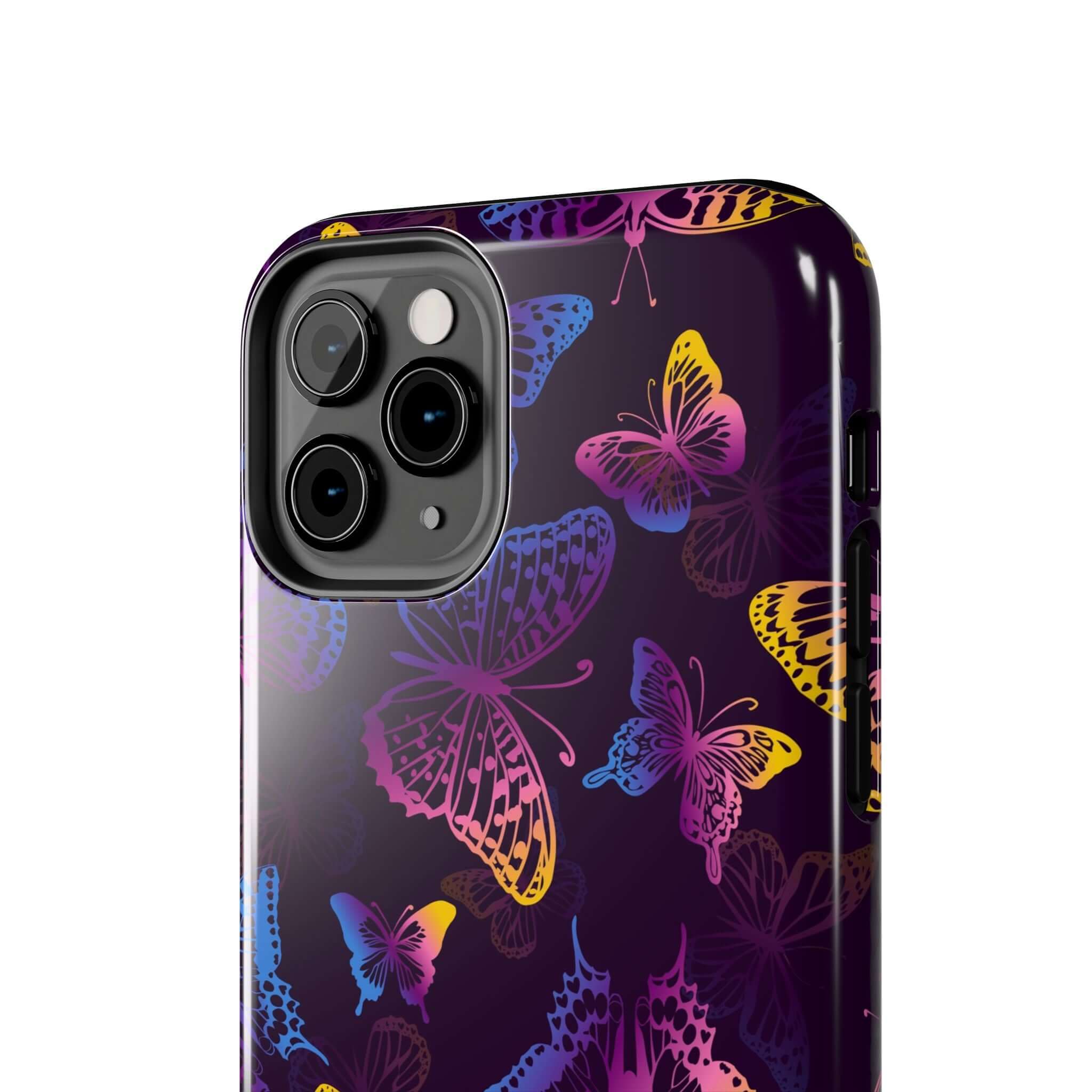 Midnight Flutter black butterfly MagSafe iPhone case with colorful butterfly design, perfect cute phone cover for nature lovers