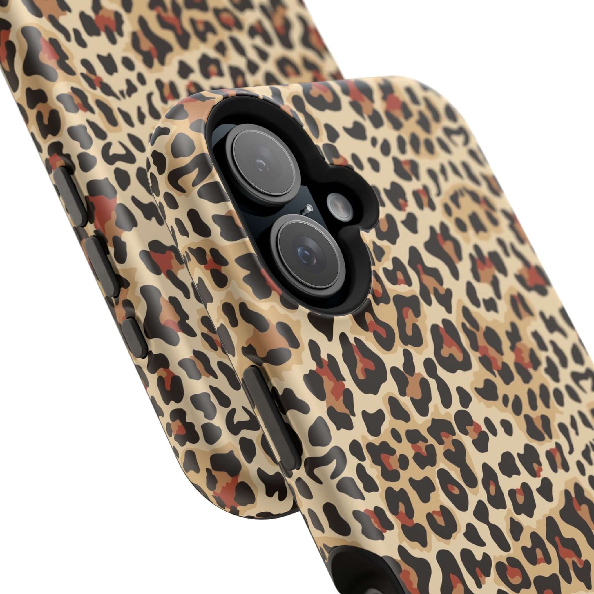 Leopard print iPhone case with MagSafe, featuring a stylish and colorful abstract pattern for a cute and protective phone accessory.