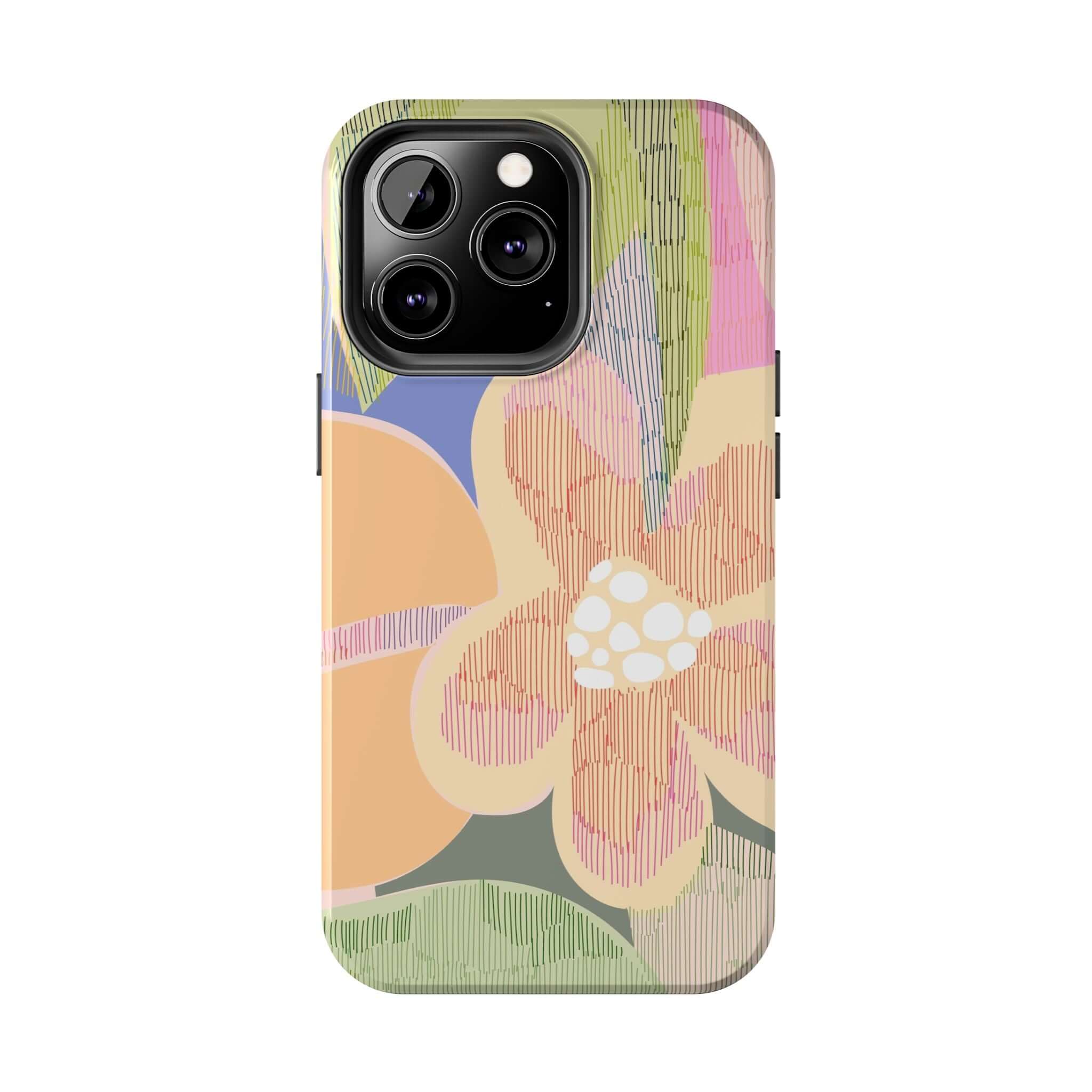 Colorful iPhone 14 Pro Max case with abstract floral design and palm tree accents, cute and protective phone accessory.