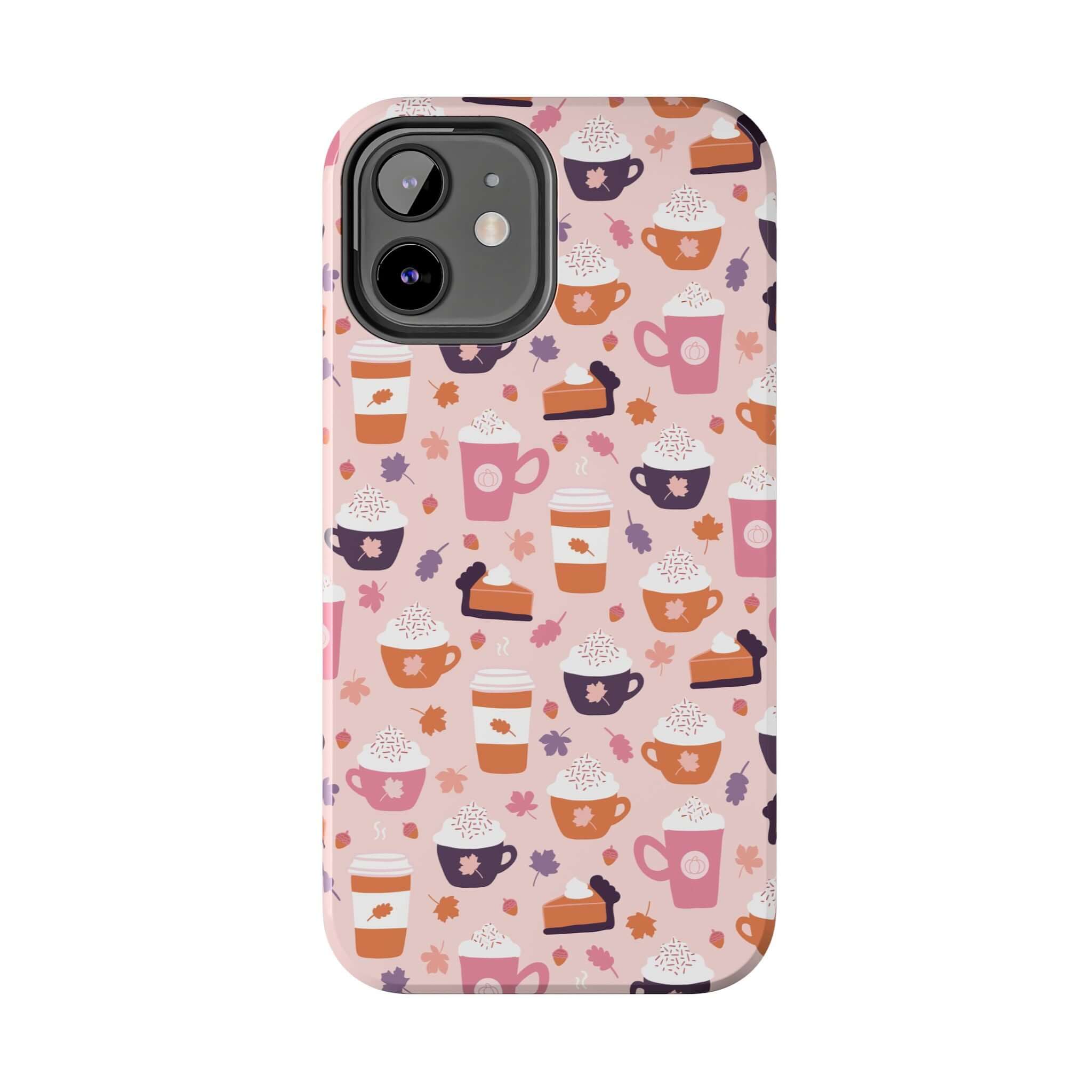 Pink iPhone 15 case with cute fall-themed pumpkin spice latte designs, perfect for pumpkin spice lovers and stylish phone protection.