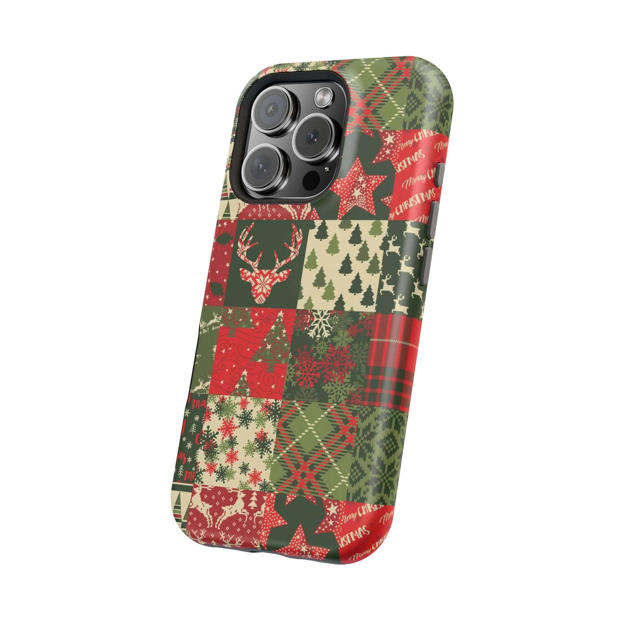 Festive Cozy Quiltmas MagSafe case with Christmas-themed patchwork design for a snug, secure holiday phone cover.