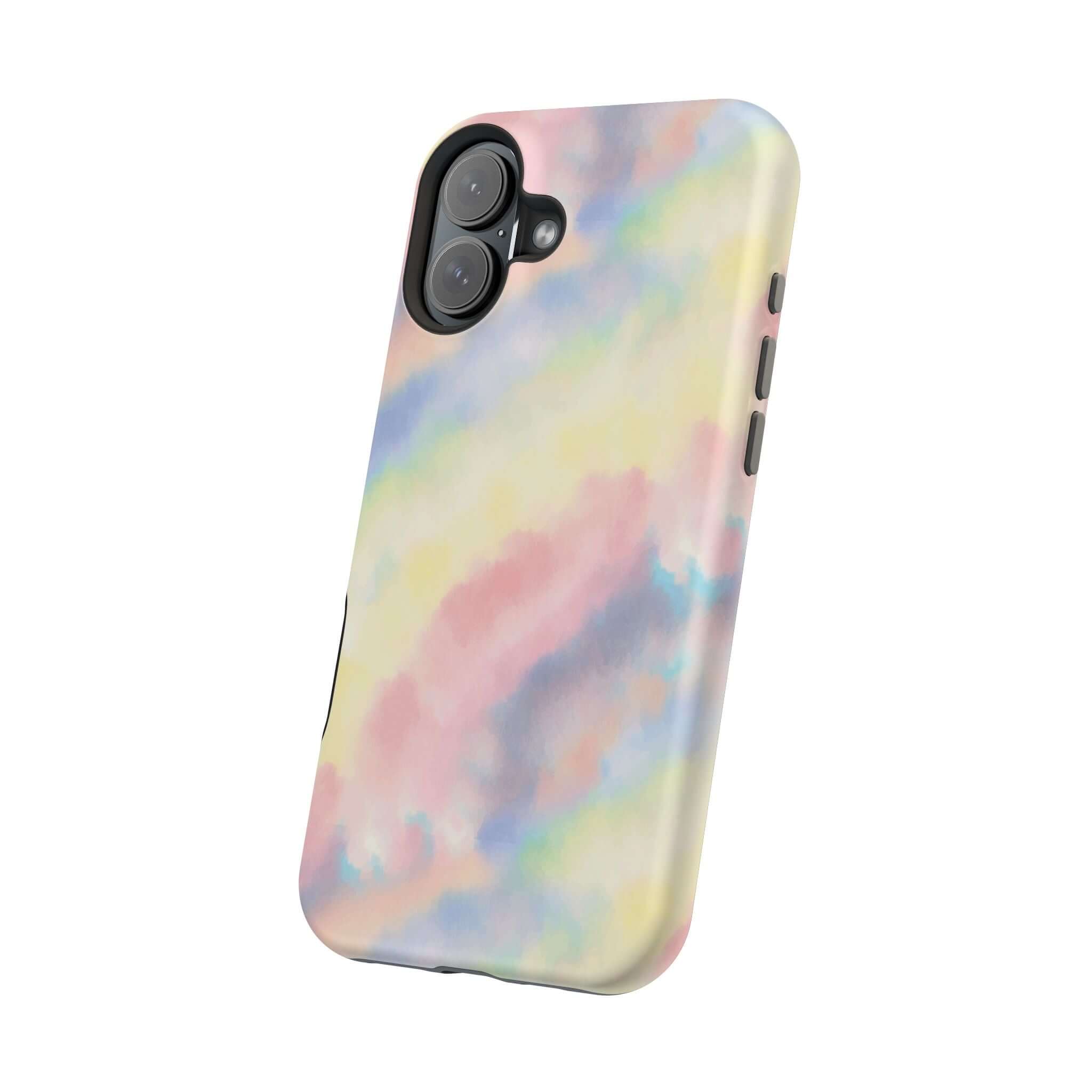 Cute pastel tie dye iPhone case with MagSafe compatibility, featuring a colorful design for a custom phone case look.