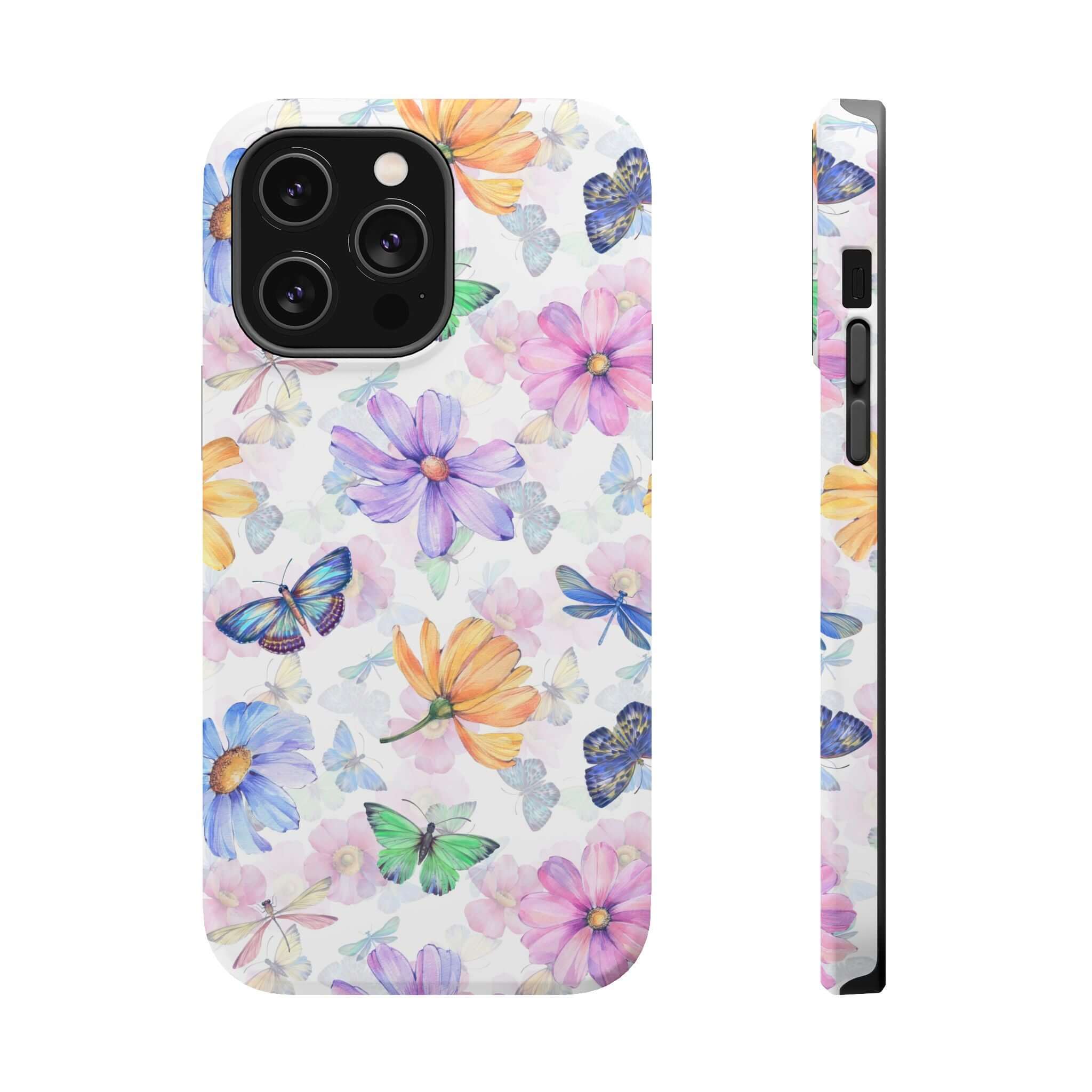 Fluttering Blooms Watercolor Butterfly MagSafe iPhone 16 Case featuring a cute and protective design with colorful butterflies and flowers.